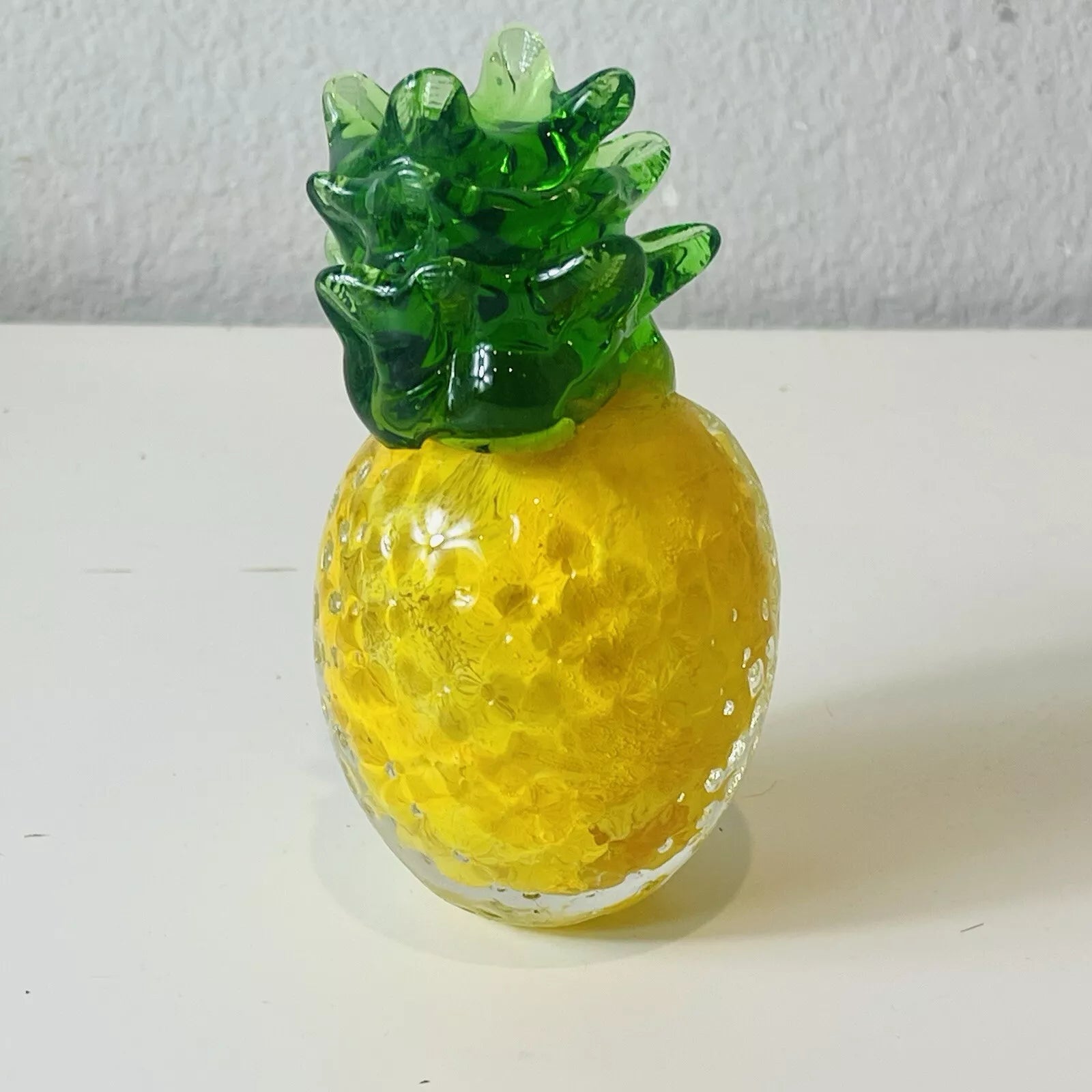 Hand Blown Glass Pineapple Tropical Fruit Art Figurine Green & Yellow Decor "AS IS"