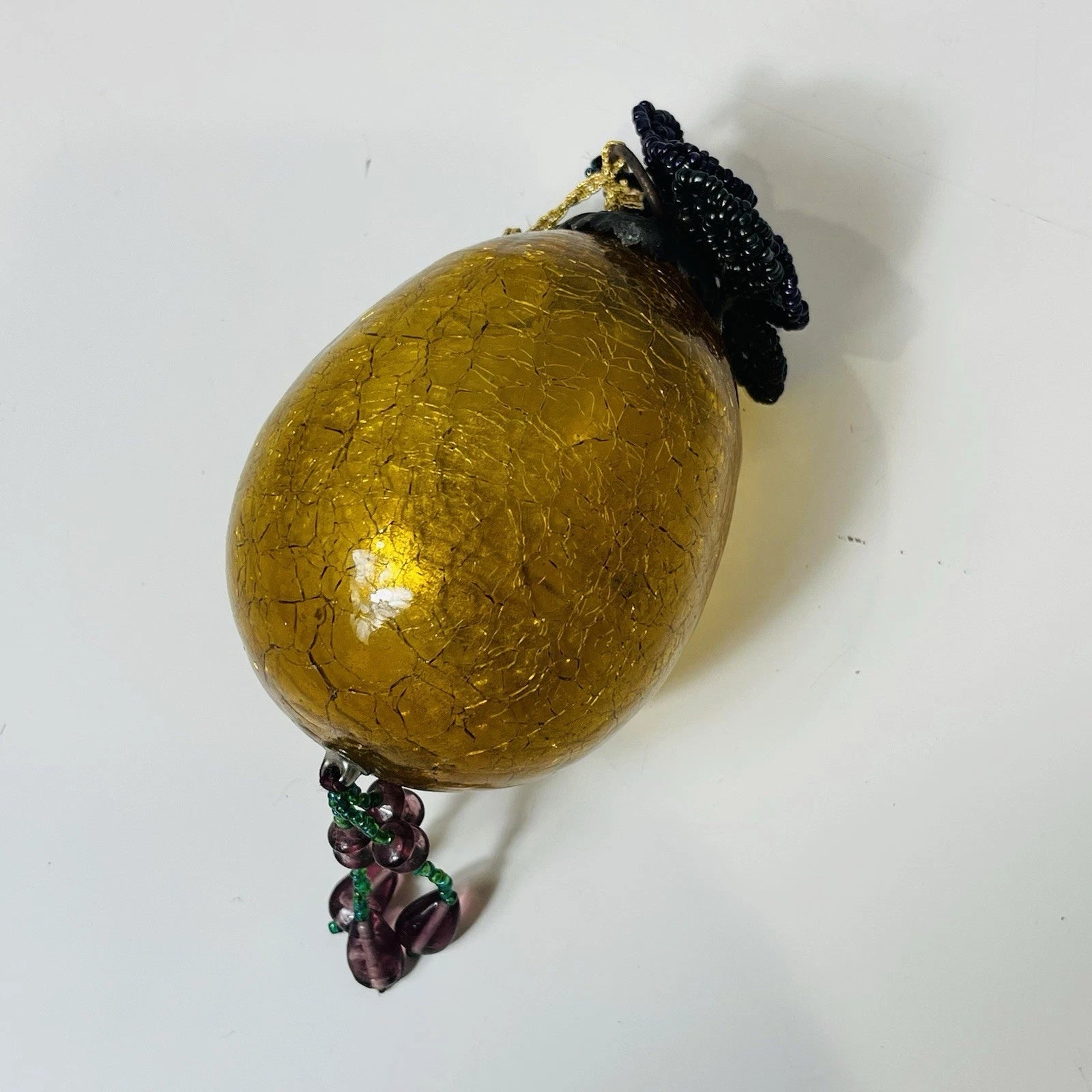 Vintage Old Gold Amber Cracked Crackle Glass Kugel Egg Style Ornament Accent