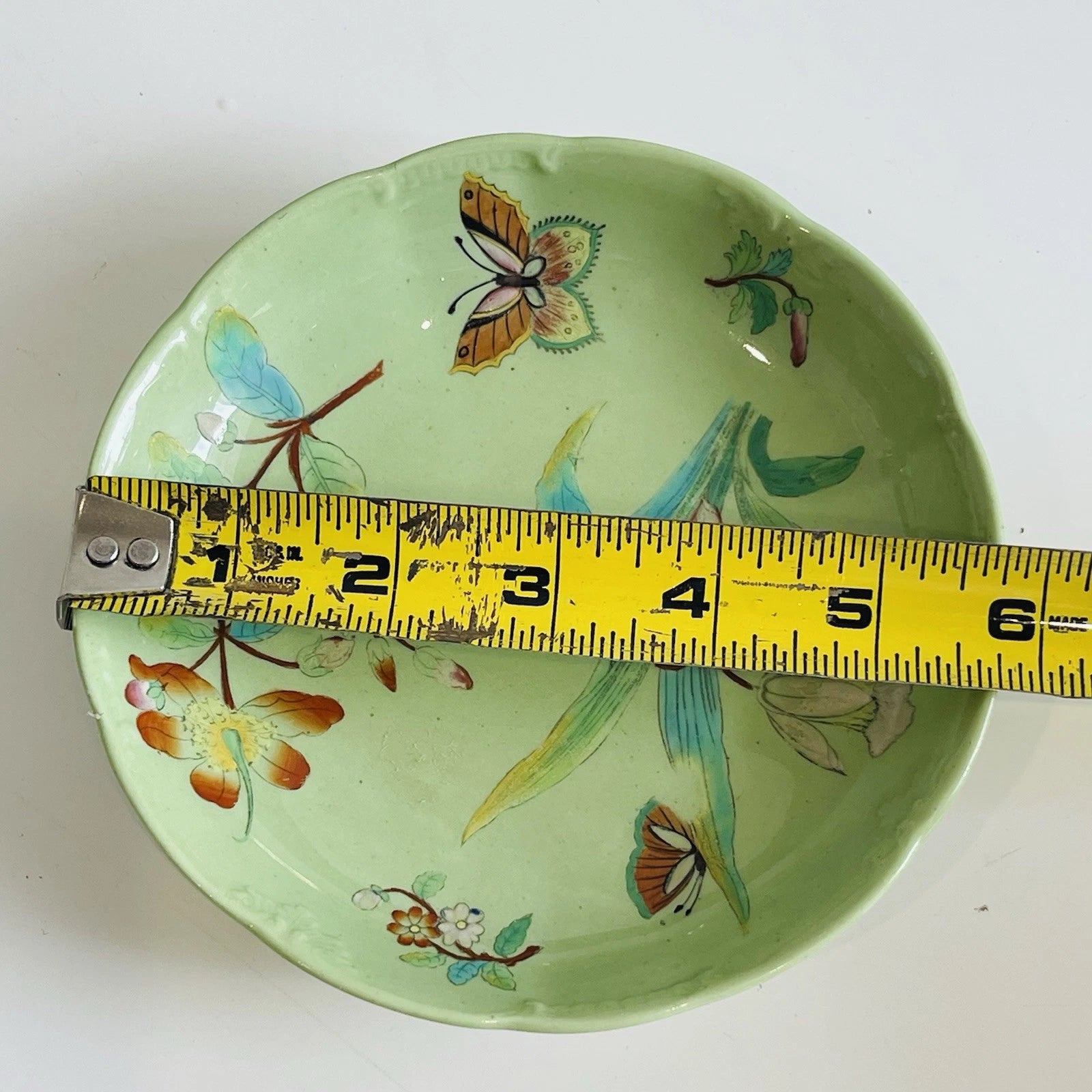 Hand-Painted Vintage Porcelain Plate with Green Floral Design, Decorative Trinket Dish.