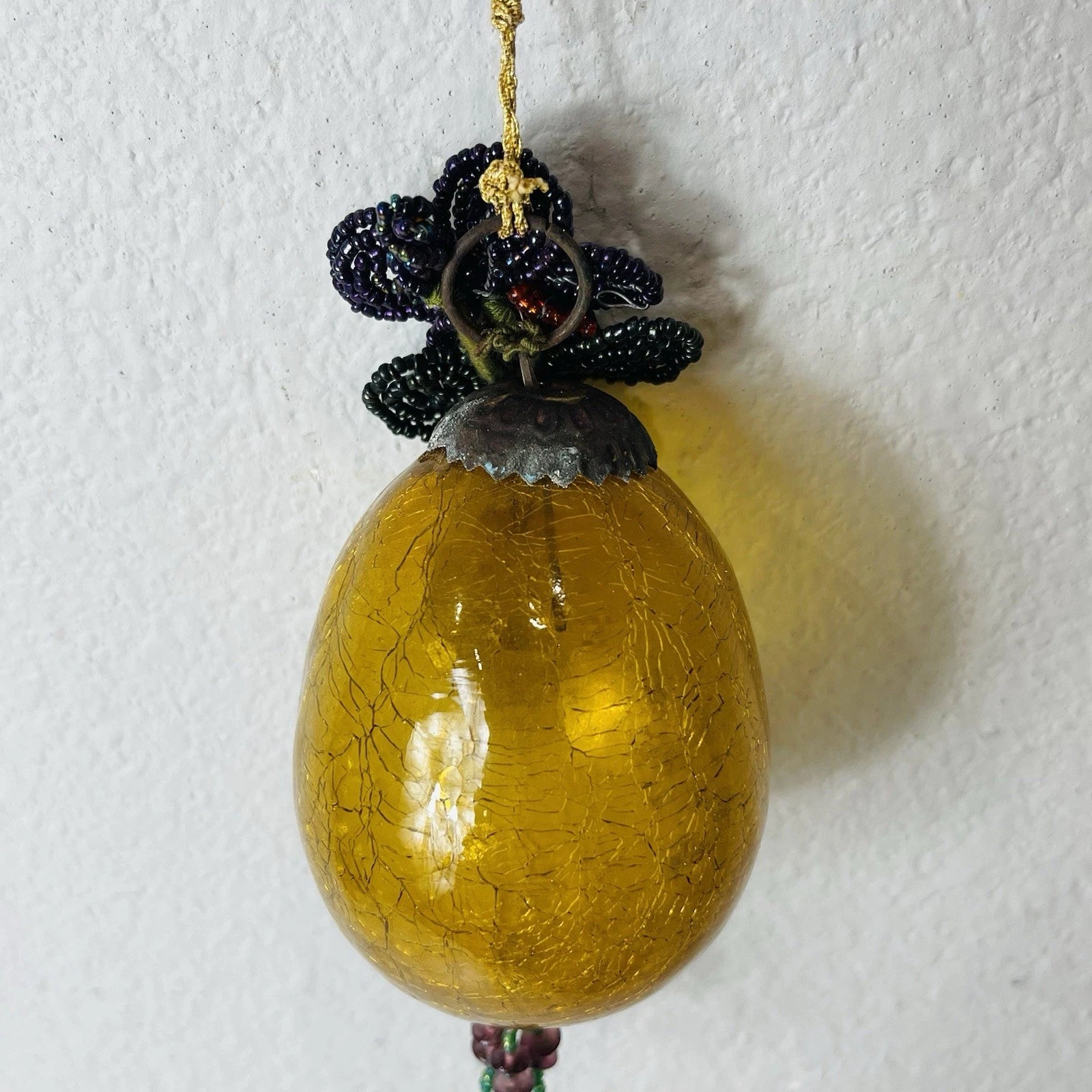 Vintage Old Gold Amber Cracked Crackle Glass Kugel Egg Style Ornament Accent