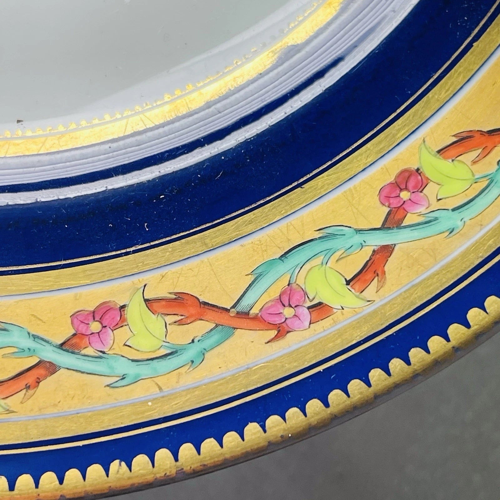 Set Of 3 Bohemian Style Dessert Plates Blue Gold Rim Pink Roses Vine Accent Deco
