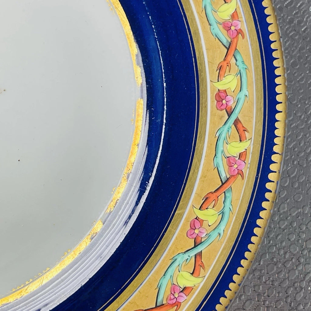 Set Of 3 Bohemian Style Dessert Plates Blue Gold Rim Pink Roses Vine Accent Deco