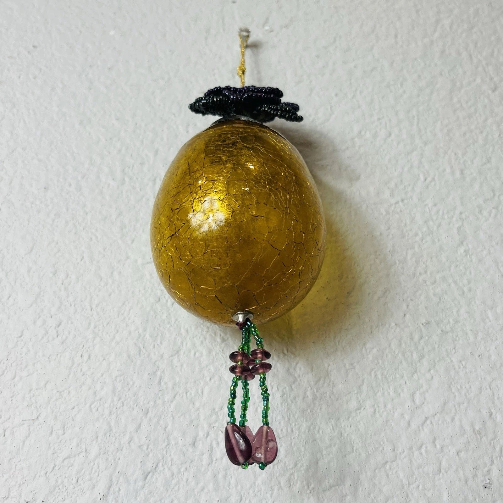 Vintage Old Gold Amber Cracked Crackle Glass Kugel Egg Style Ornament Accent