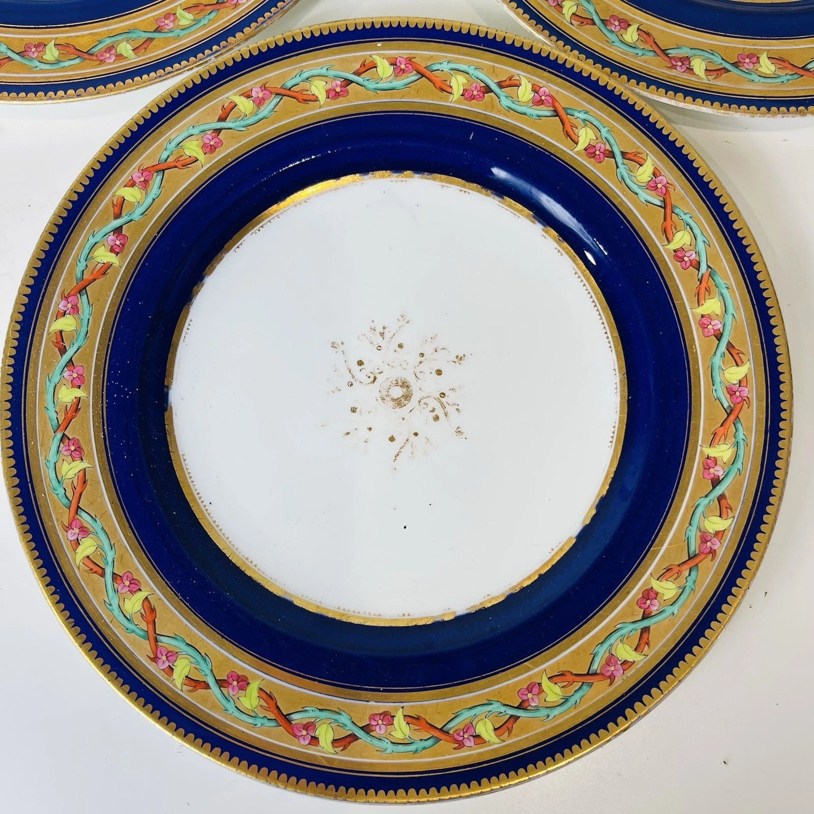 Set Of 3 Bohemian Style Dessert Plates Blue Gold Rim Pink Roses Vine Accent Deco