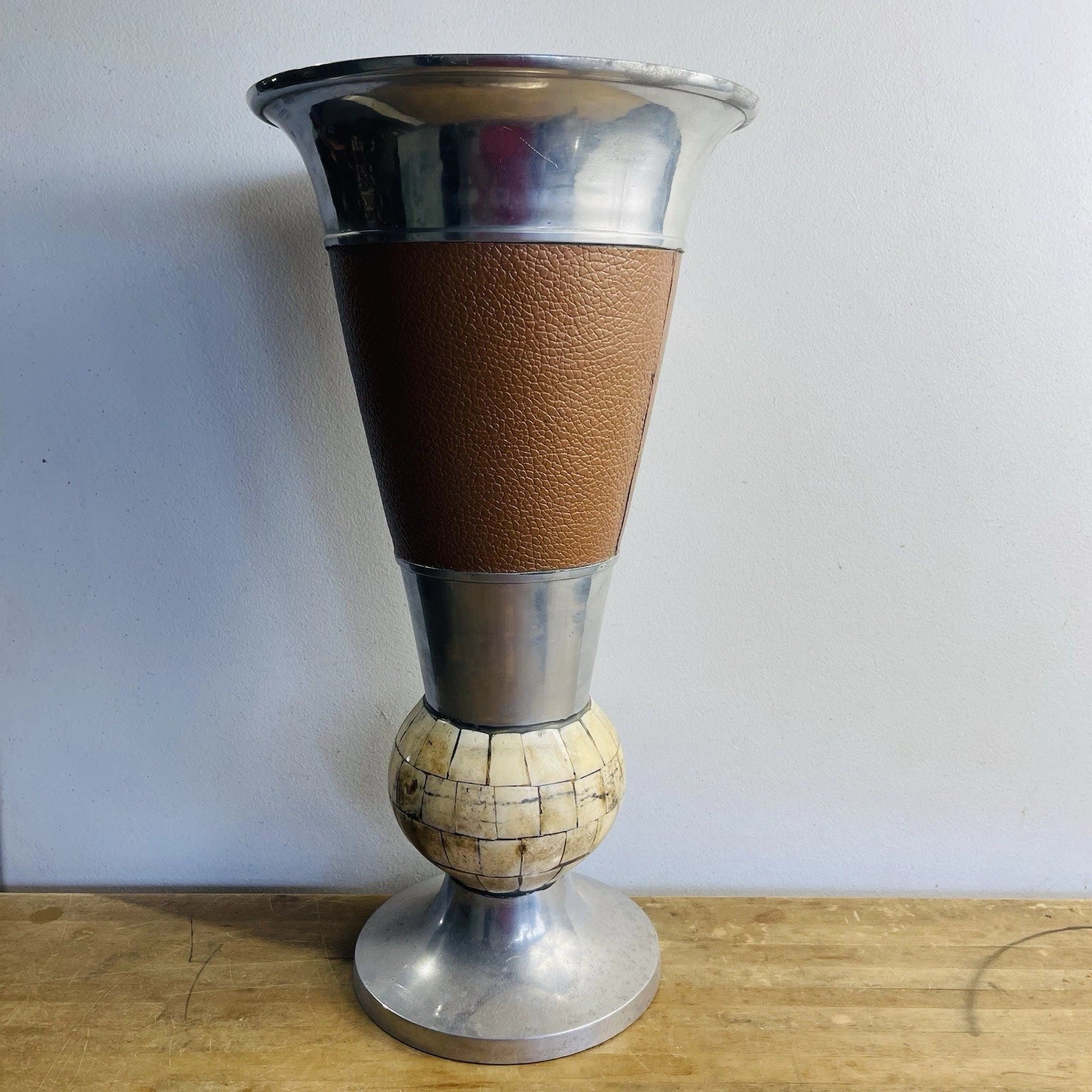 Tall Metal Alloy Trumpet-Style Vase with Multi-Pattern Design