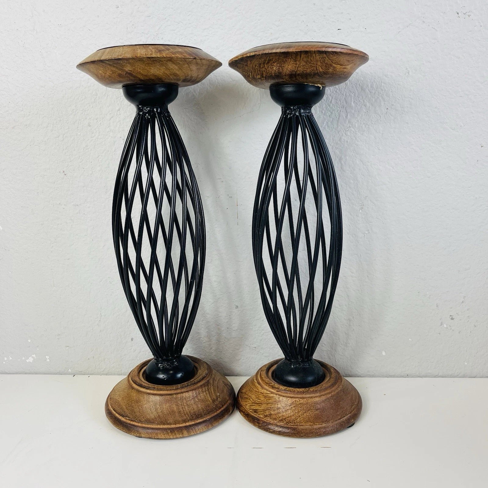 Set of 2 Black Metal Iron Scroll Pillar Candle Stand Holders Accent Home Decor