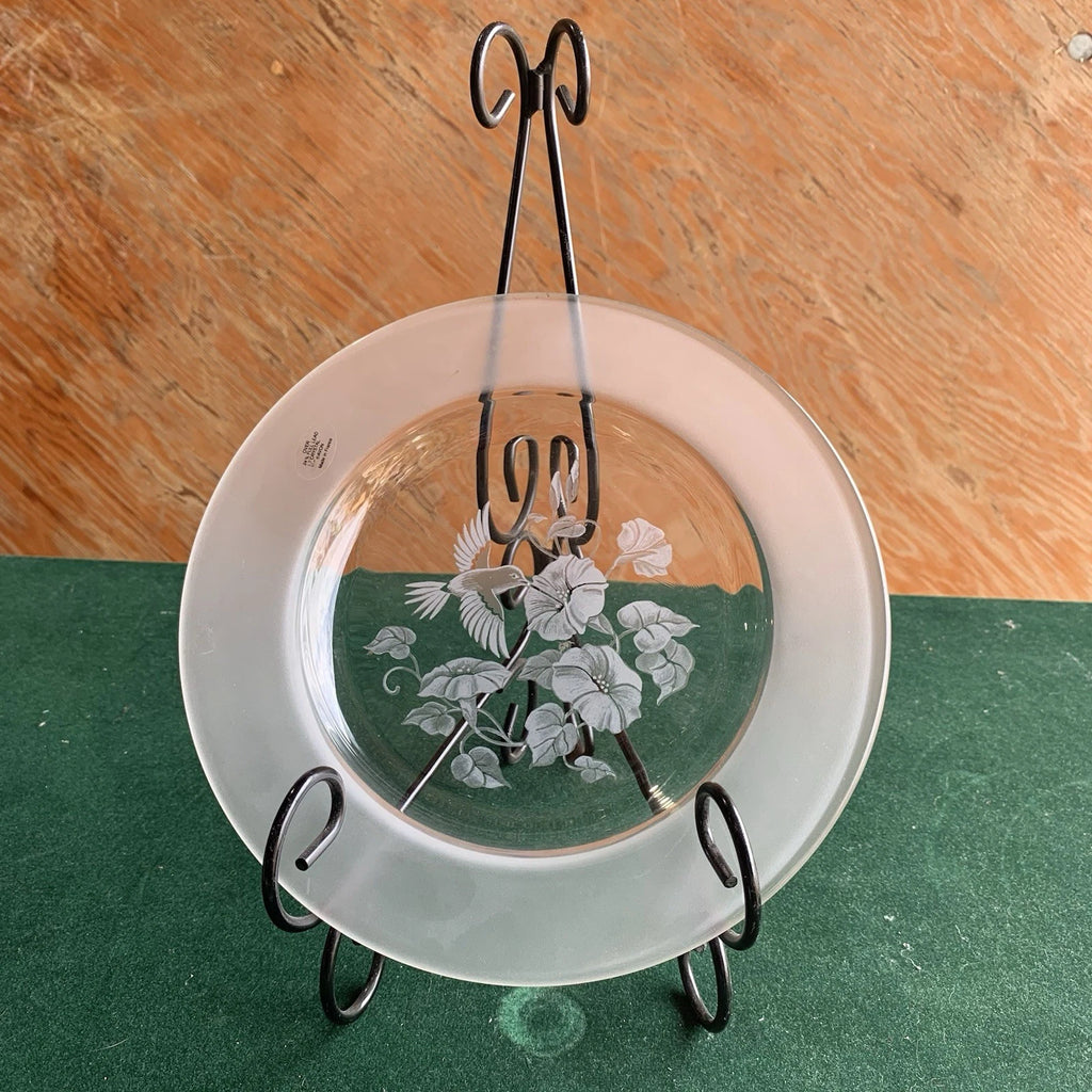 Avon Hummingbird 24% Lead Crystal Dessert Plates Frosted Etched 8” Pair Of 3!