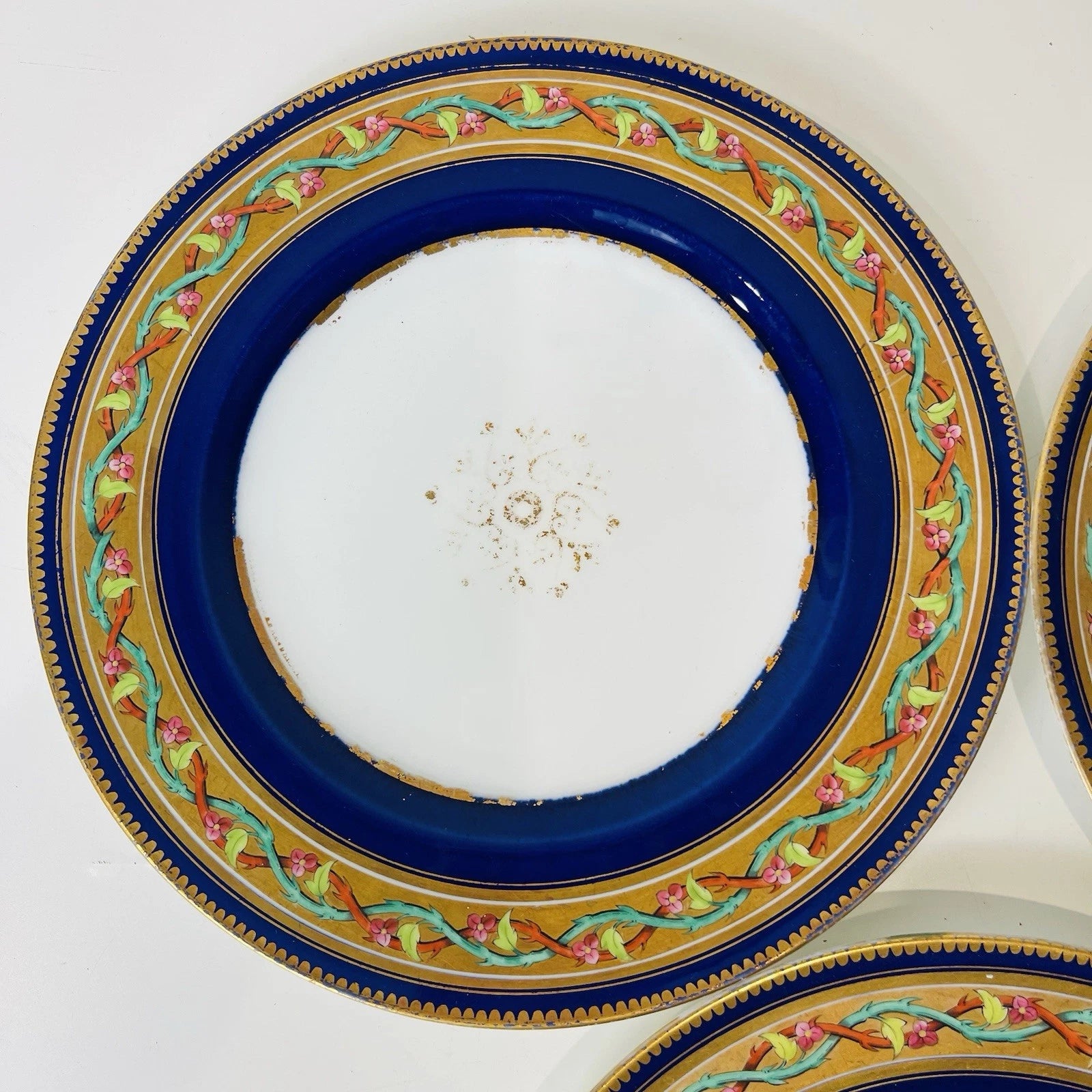 Set Of 3 Bohemian Style Dessert Plates Blue Gold Rim Pink Roses Vine Accent Deco