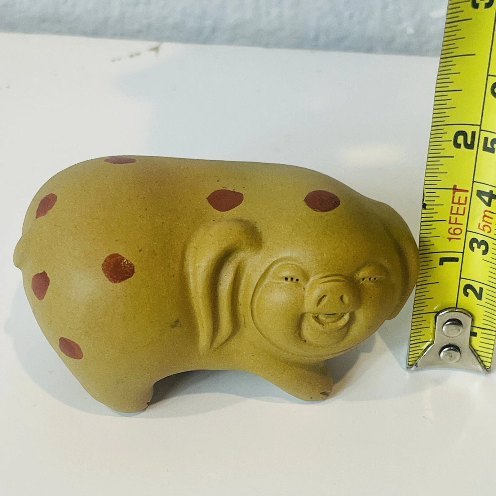 Vintage Clay Pottery Chinese Happy Polka Face Pig Tea Pet Statue Rattle Figurine