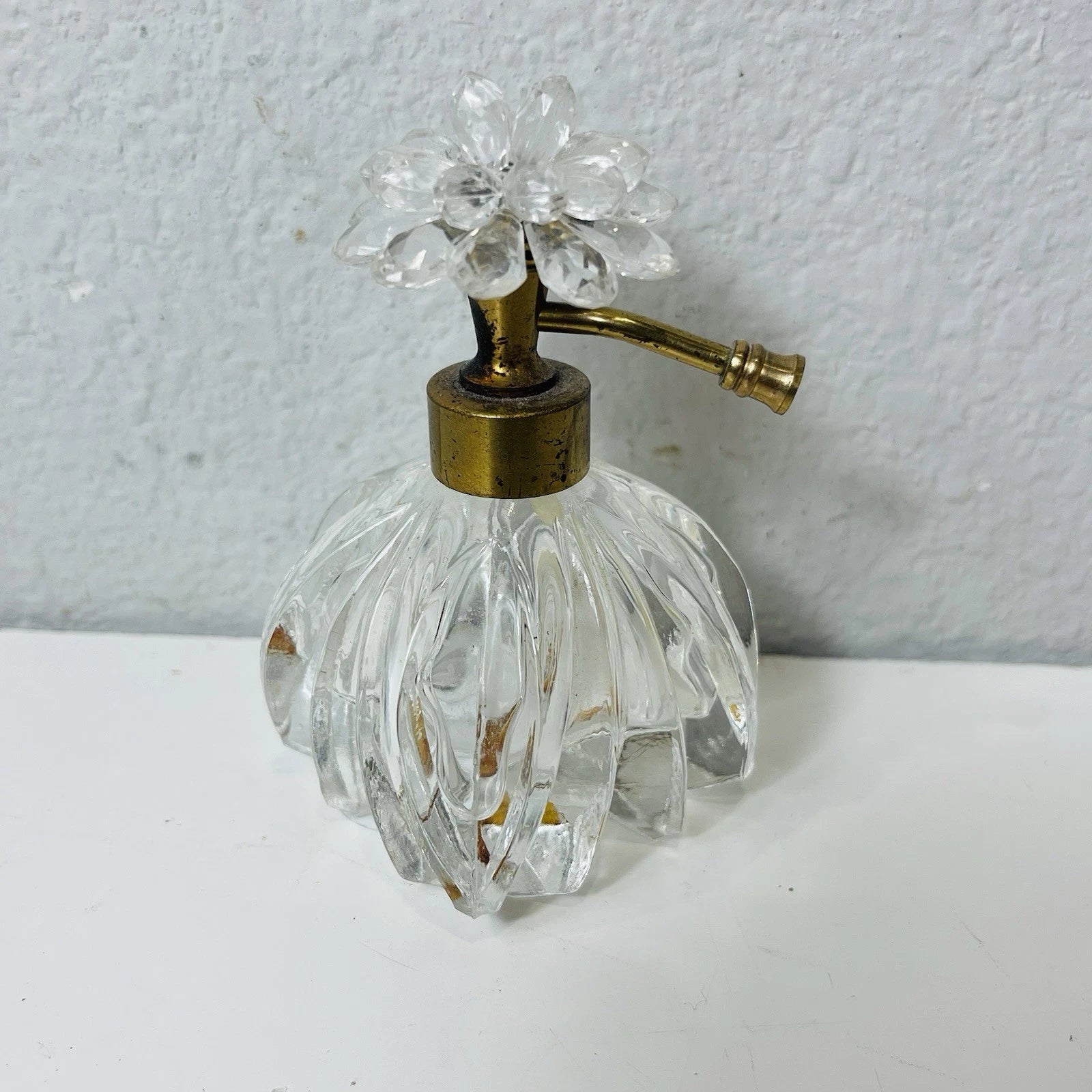 Clear Glass Perfume Bottle with Metal Flower & Rhinestone Pump Accent – Decorative