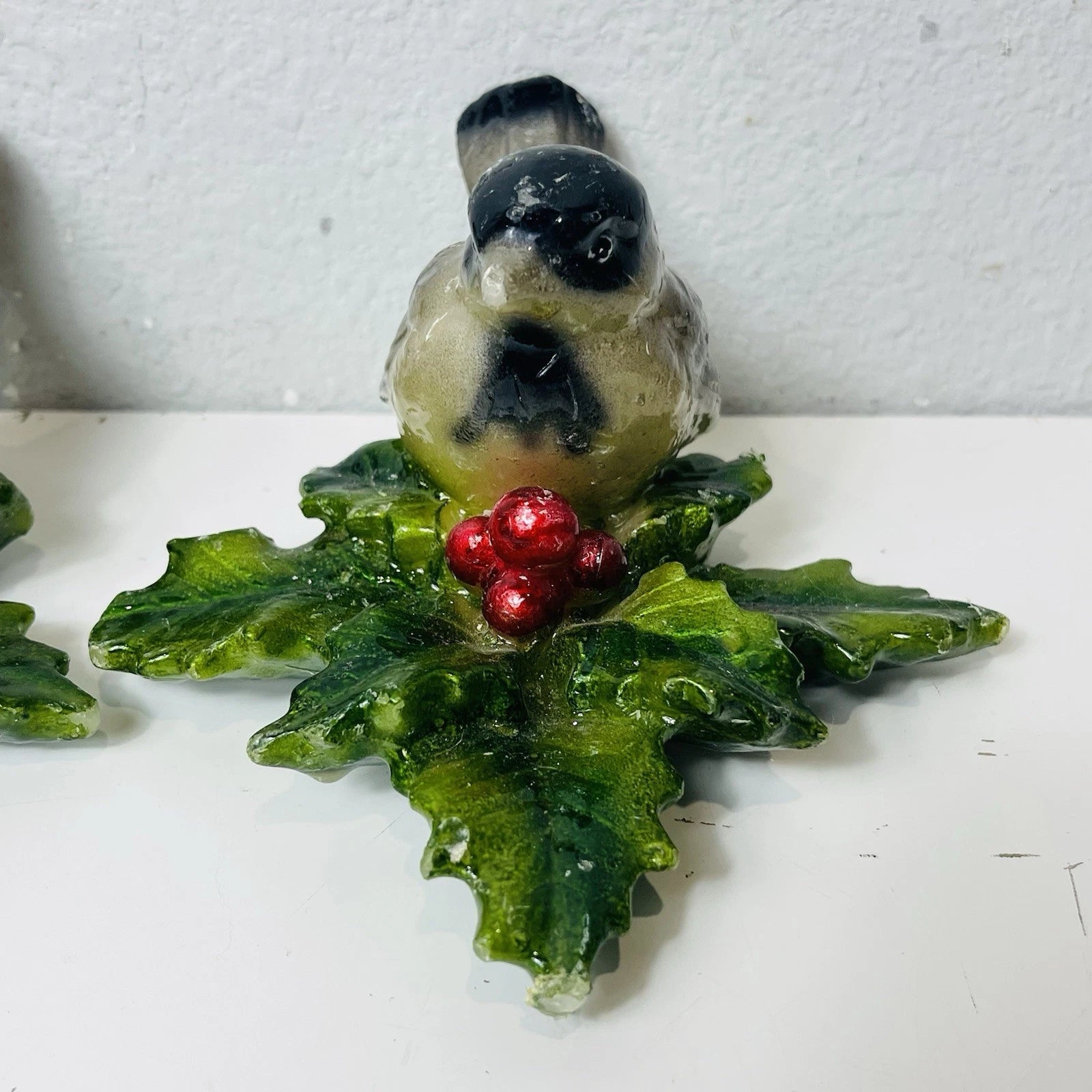 Set Of 2 Bird Candles Hand Painted with Christmas Holly Leaves and Berries