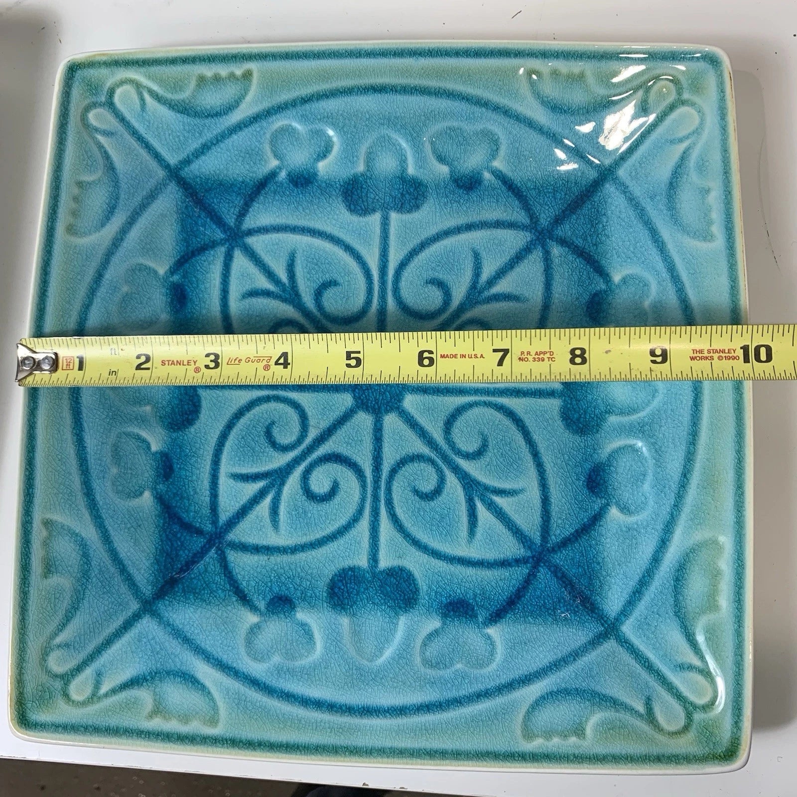 Roscher Lorelei 10.5" Square Blue Green Turquoise Crackled Dinner Plate