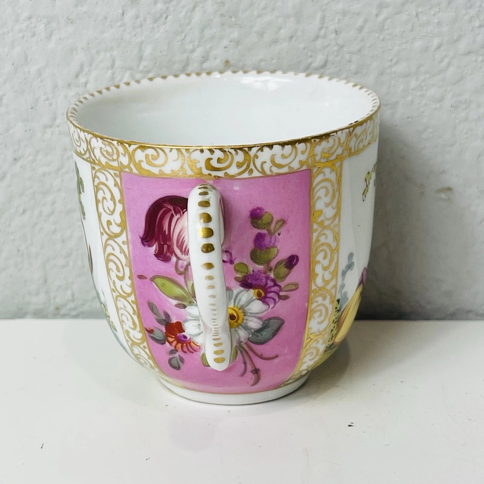 Antique Hand Painted Watteau Pat Dresden Singed Tea Cup Only Pink Yellow Floral