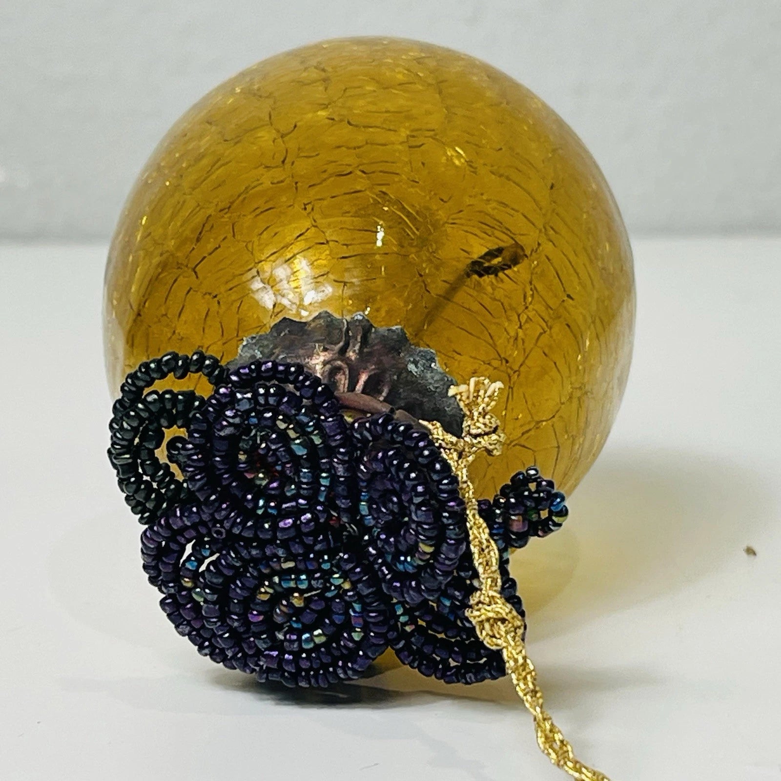 Vintage Old Gold Amber Cracked Crackle Glass Kugel Egg Style Ornament Accent
