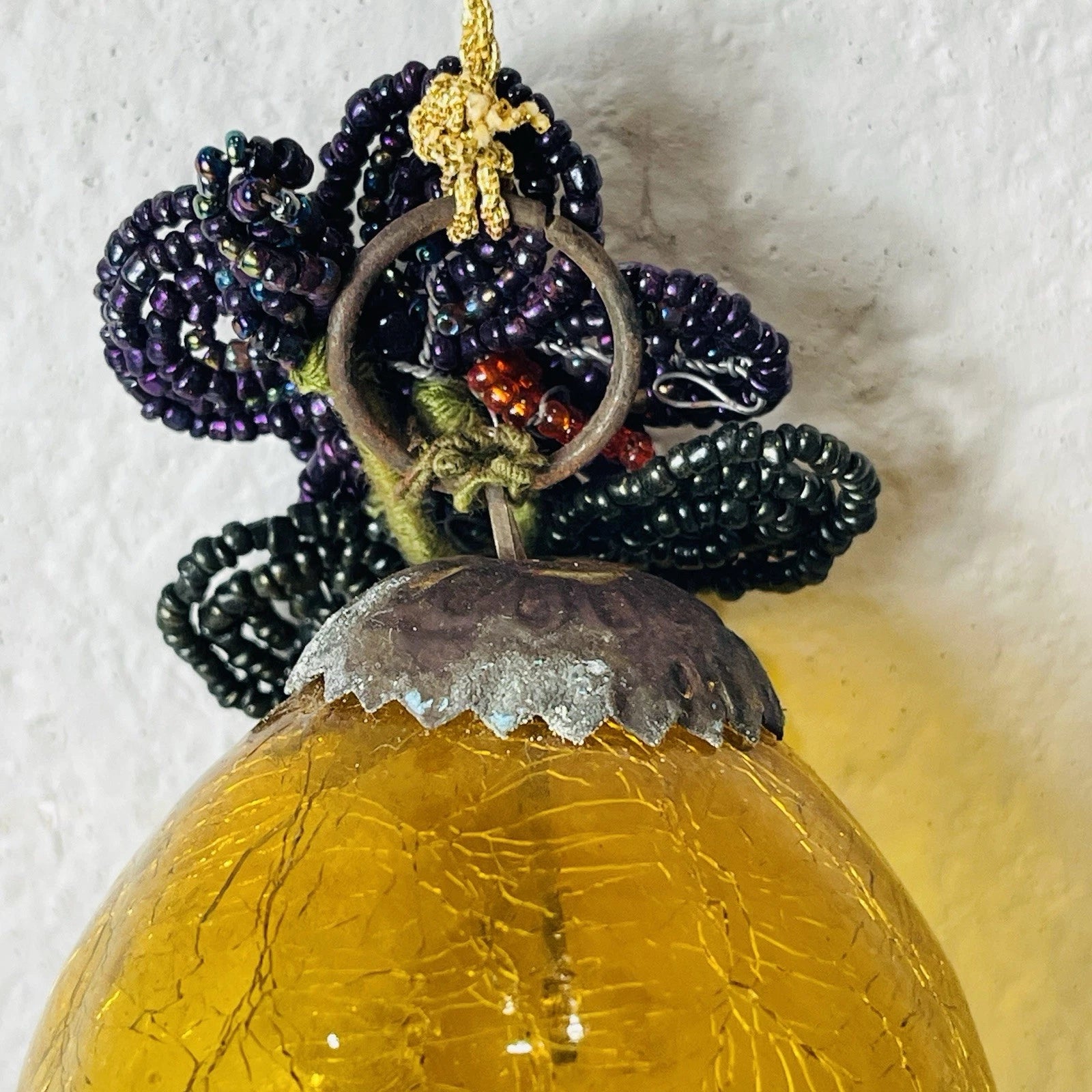 Vintage Old Gold Amber Cracked Crackle Glass Kugel Egg Style Ornament Accent
