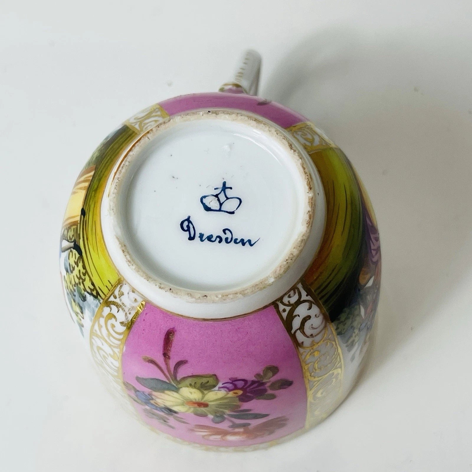 Antique Hand Painted Watteau Pat Dresden Singed Tea Cup Only Pink Yellow Floral