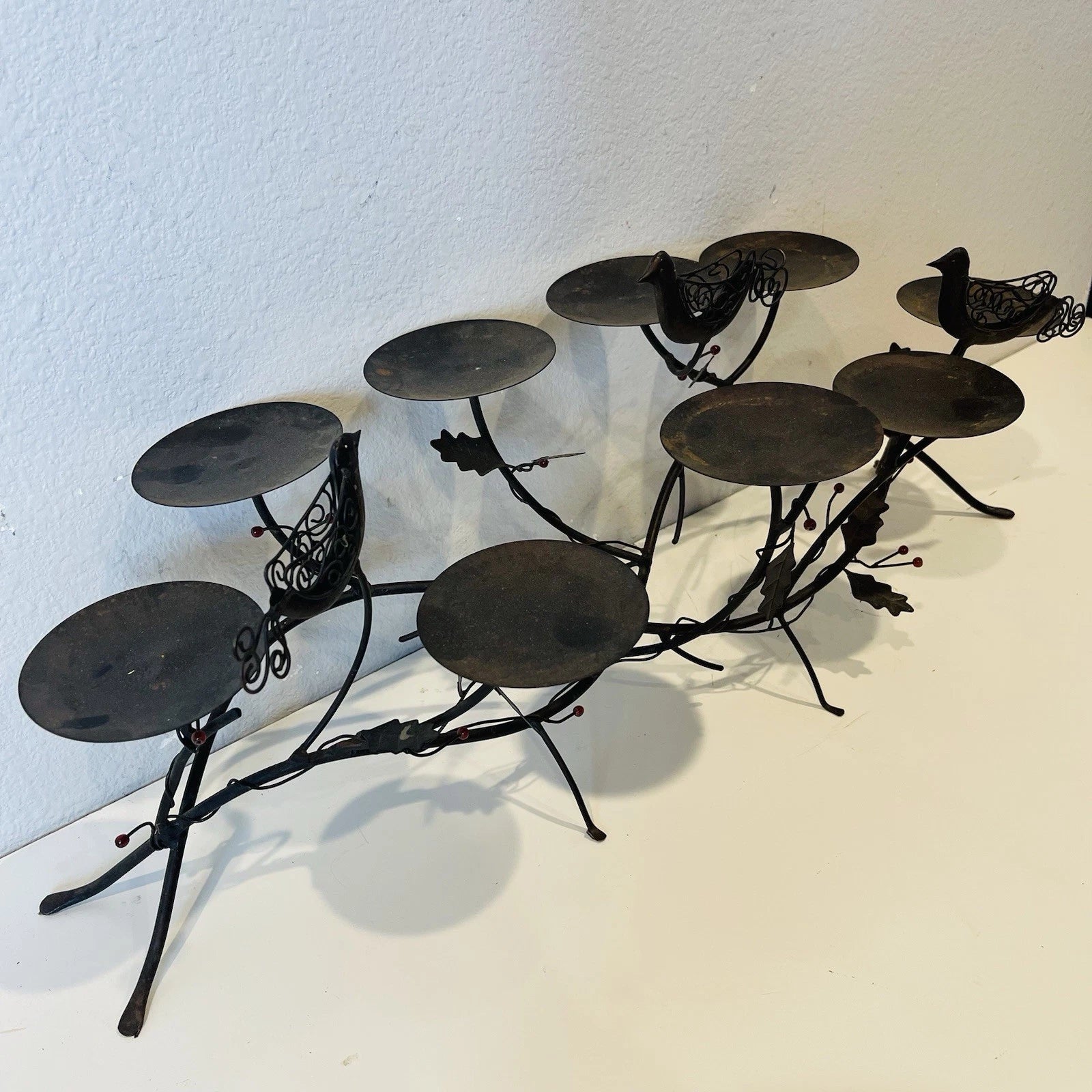 Rustic 9-Arm Metal Candle Holder, Rubbed Bronze Finish, Birds on Branches Design
