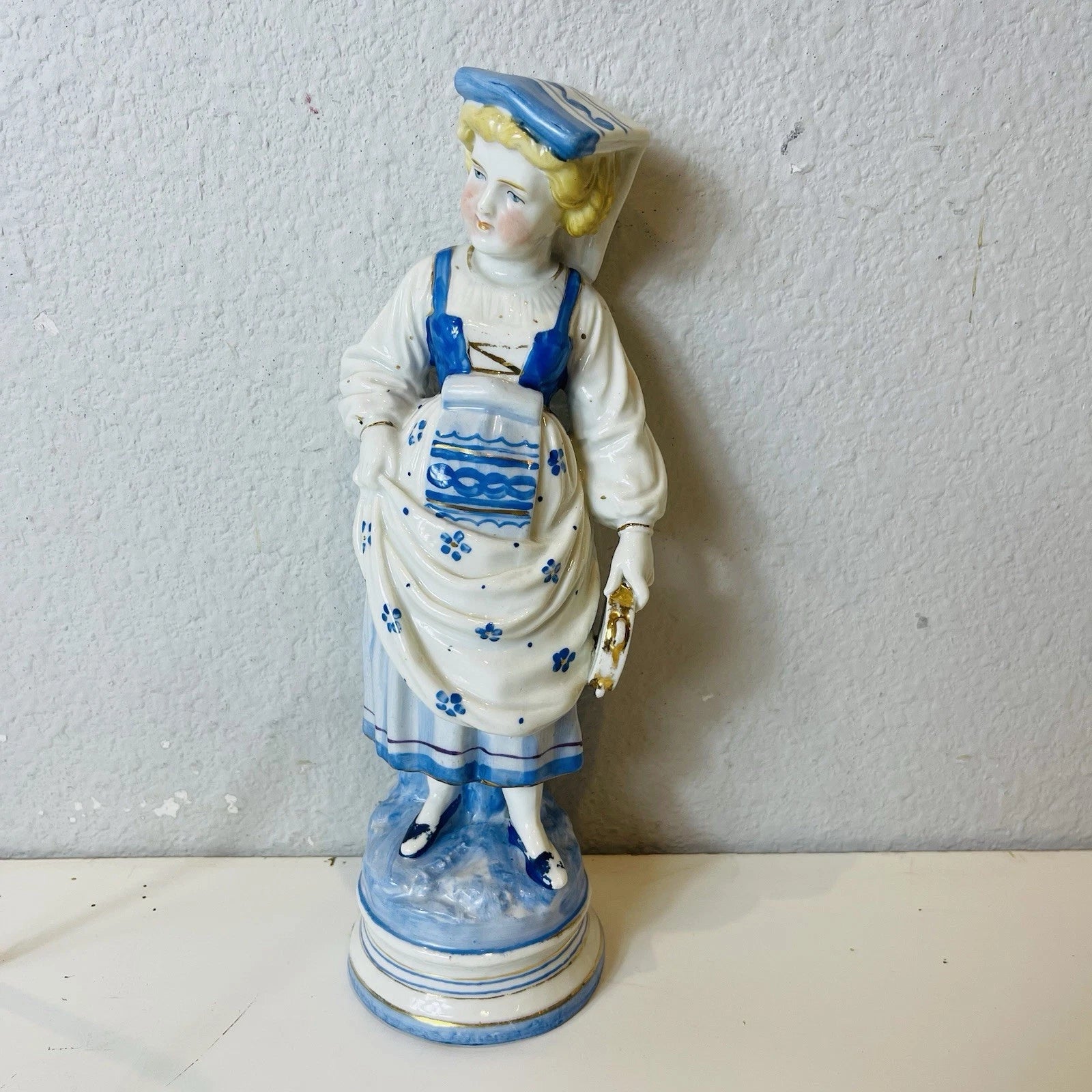 Vintage Blue White Porcelain Girl Lady Figurine Home Office Decor Collectible