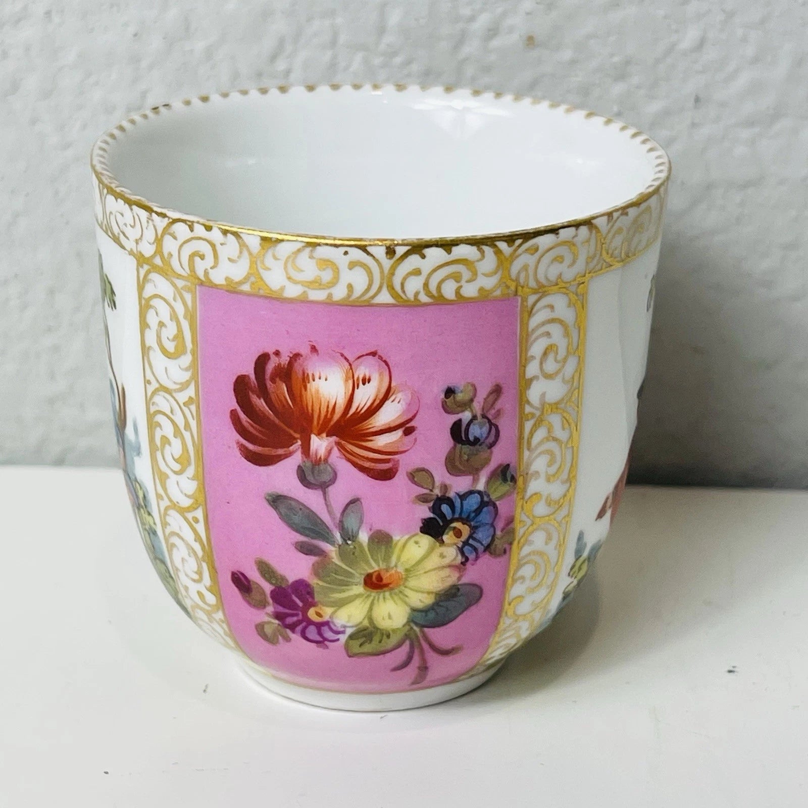Antique Hand Painted Watteau Pat Dresden Singed Tea Cup Only Pink Yellow Floral