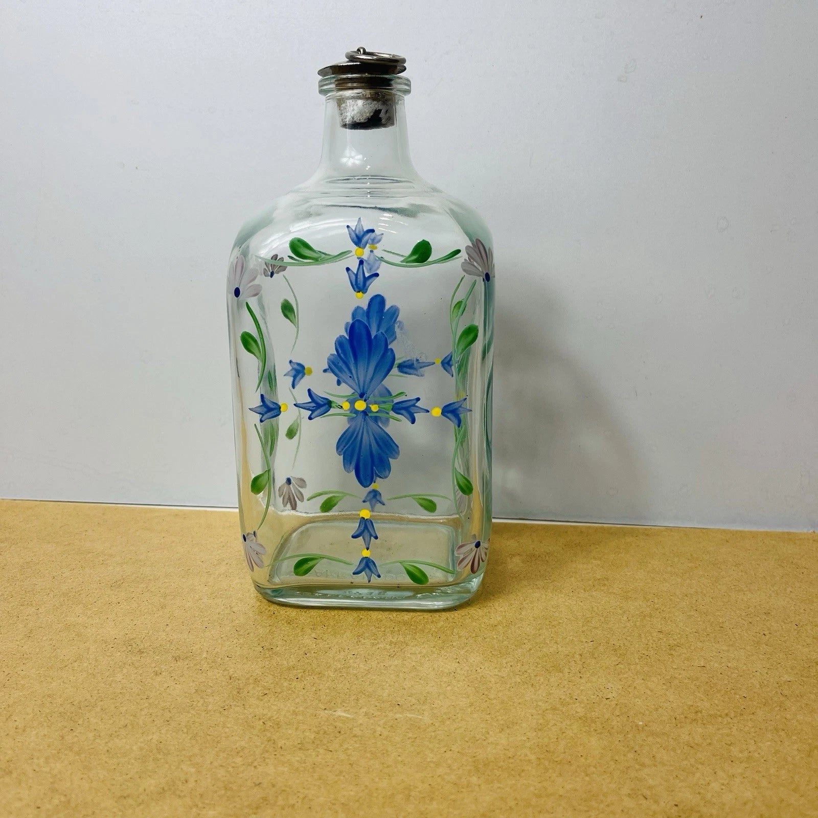 Casafina Hand-Painted Glass Flower Decanter with Cork Stopper, Made in Portugal.