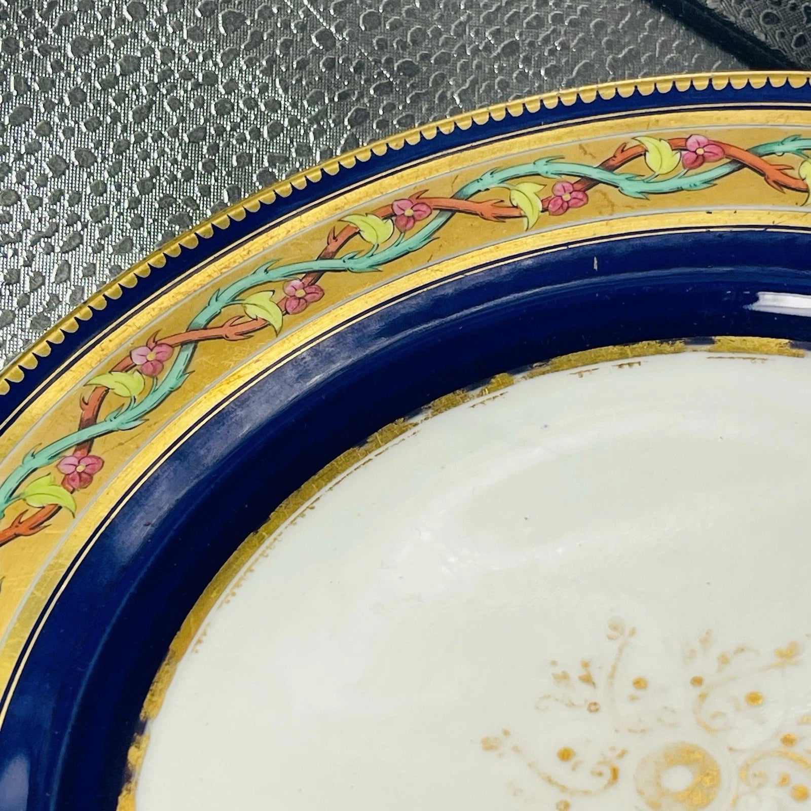 Set Of 3 Bohemian Style Dessert Plates Blue Gold Rim Pink Roses Vine Accent Deco
