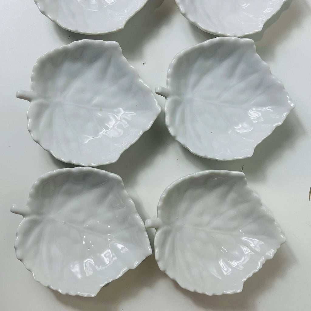 Set of 6 White Porcelain Leaf-Shaped Veined Soy Sauce Dipping Dishes