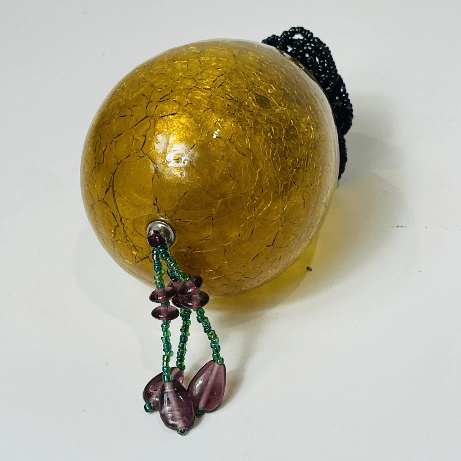 Vintage Old Gold Amber Cracked Crackle Glass Kugel Egg Style Ornament Accent
