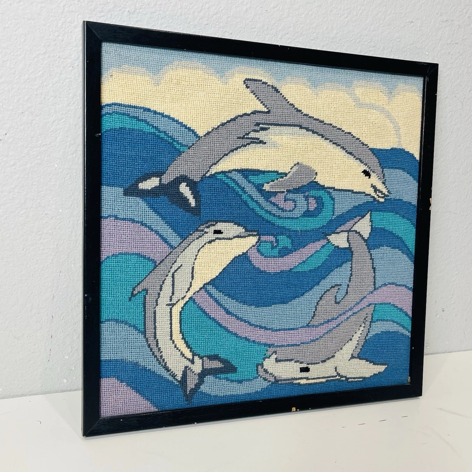 Vintage Dolphin Blue Needlepoint Wall Art Picture Frame Home Office Accent Decor