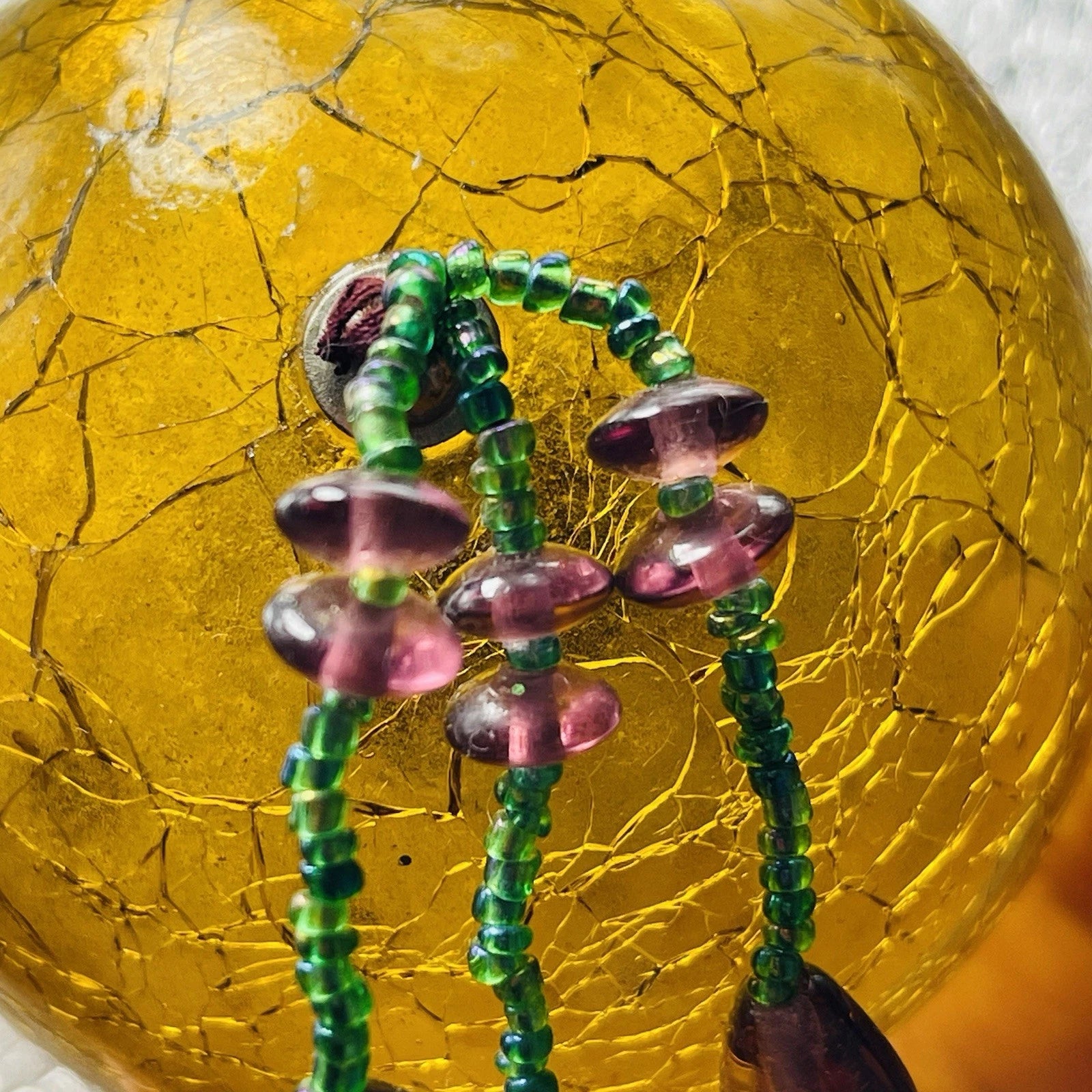 Vintage Old Gold Amber Cracked Crackle Glass Kugel Egg Style Ornament Accent
