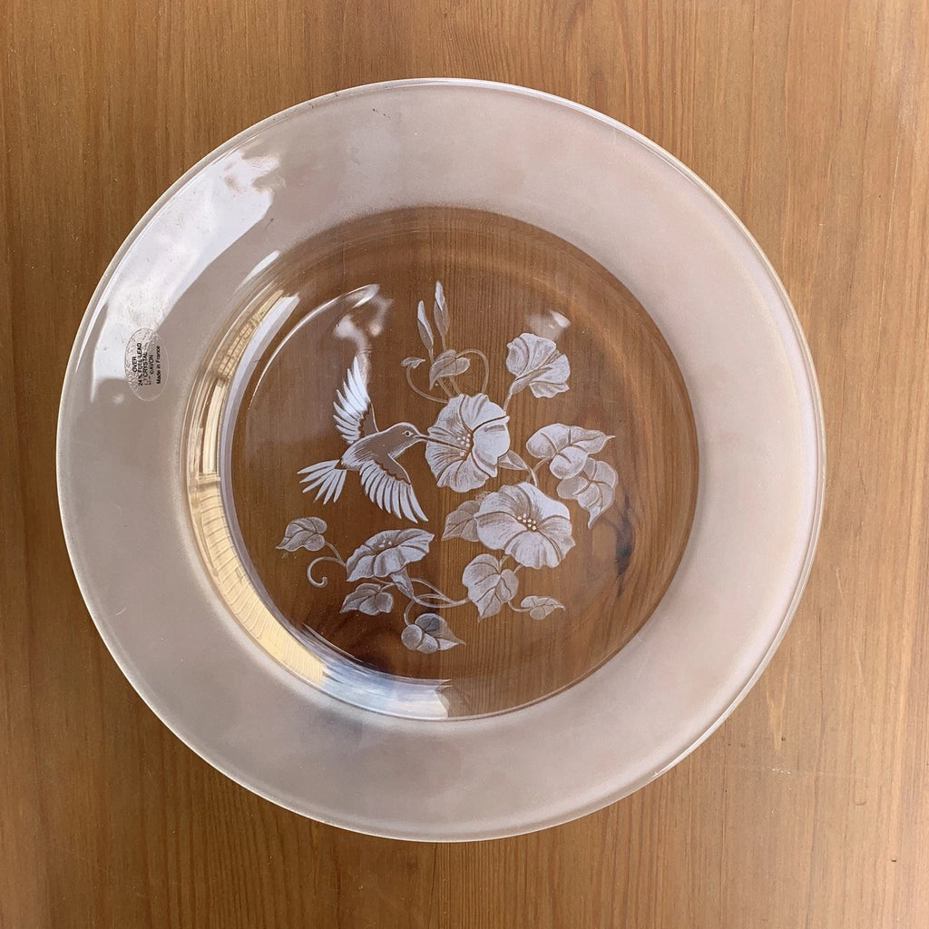 Avon Hummingbird 3-Piece Set: 24% Lead Crystal Dessert Plates, Frosted Etched, 8” Diameter.