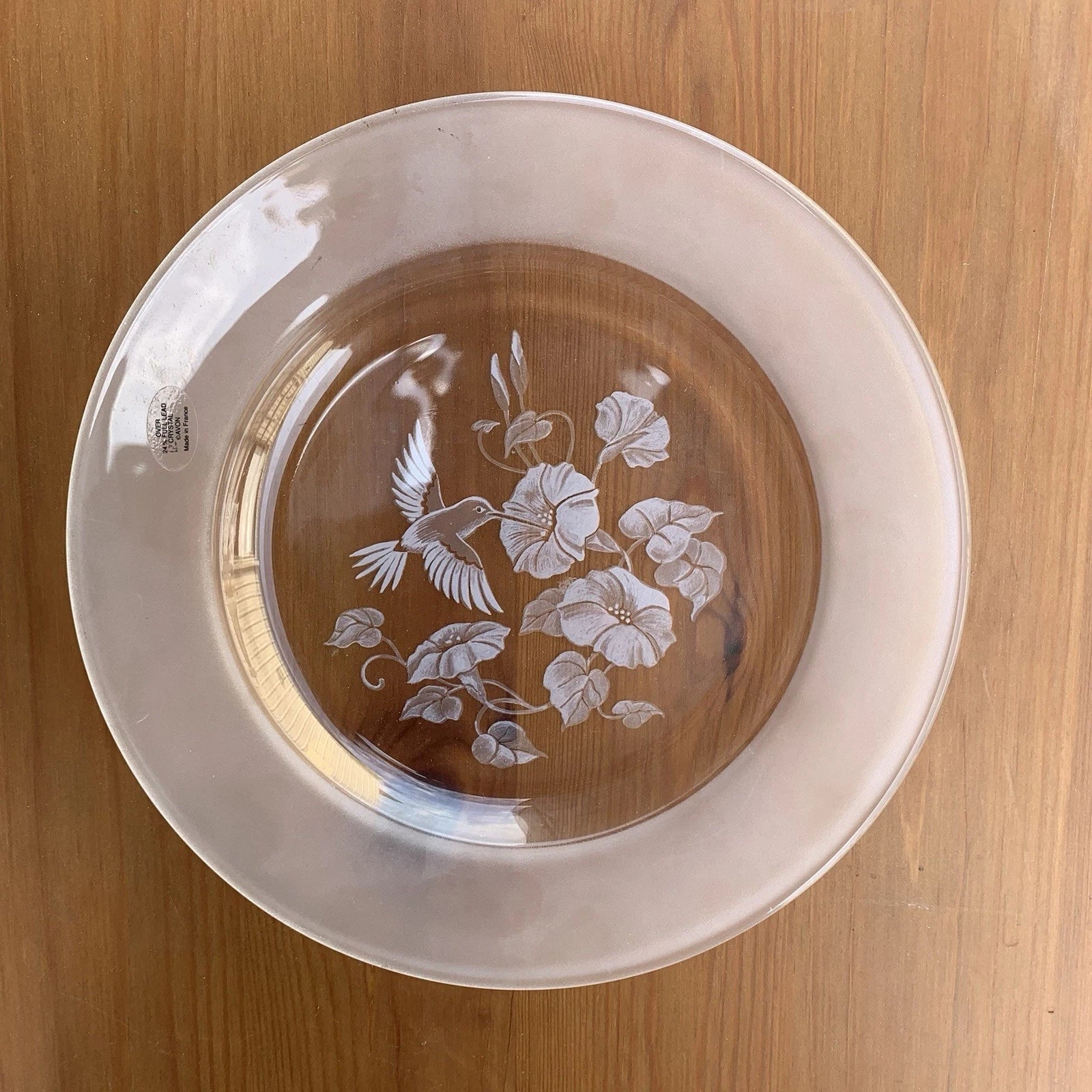 Avon Hummingbird 3-Piece Set: 24% Lead Crystal Dessert Plates, Frosted Etched, 8” Diameter.