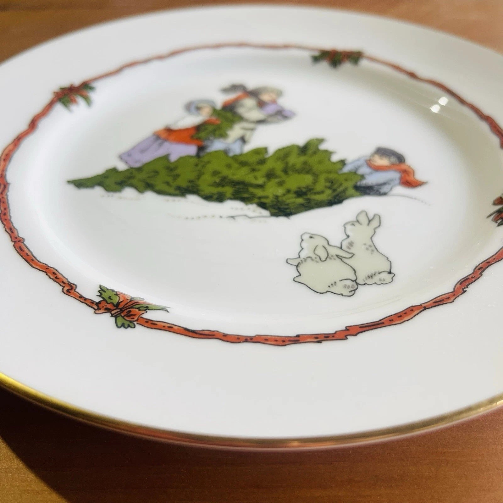 Fitz & Floyd X-mas DECK THE HALLS Prato de Salada Corte Árvore e Coelhos Imagem Conjunto De 2-