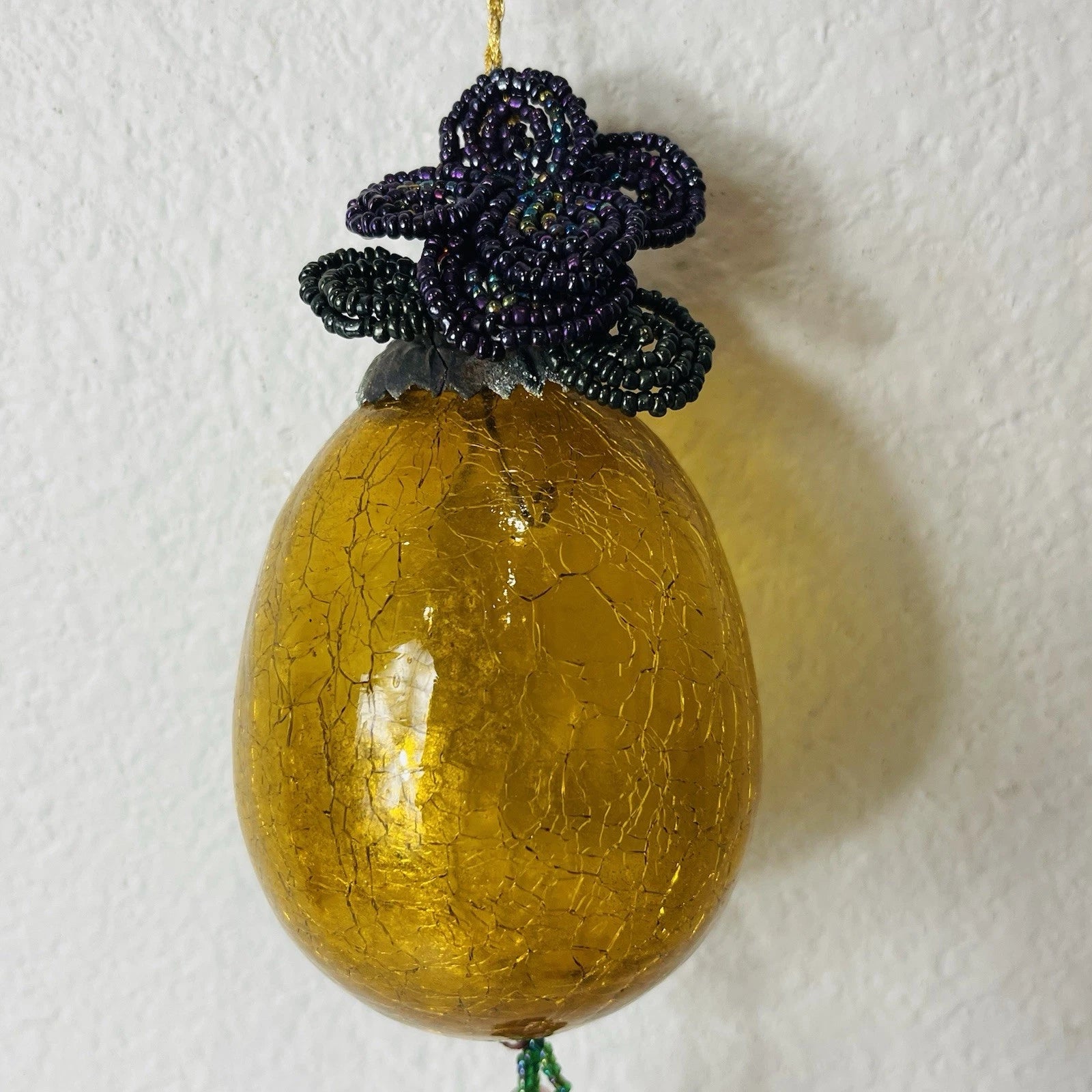 Vintage Old Gold Amber Cracked Crackle Glass Kugel Egg Style Ornament Accent