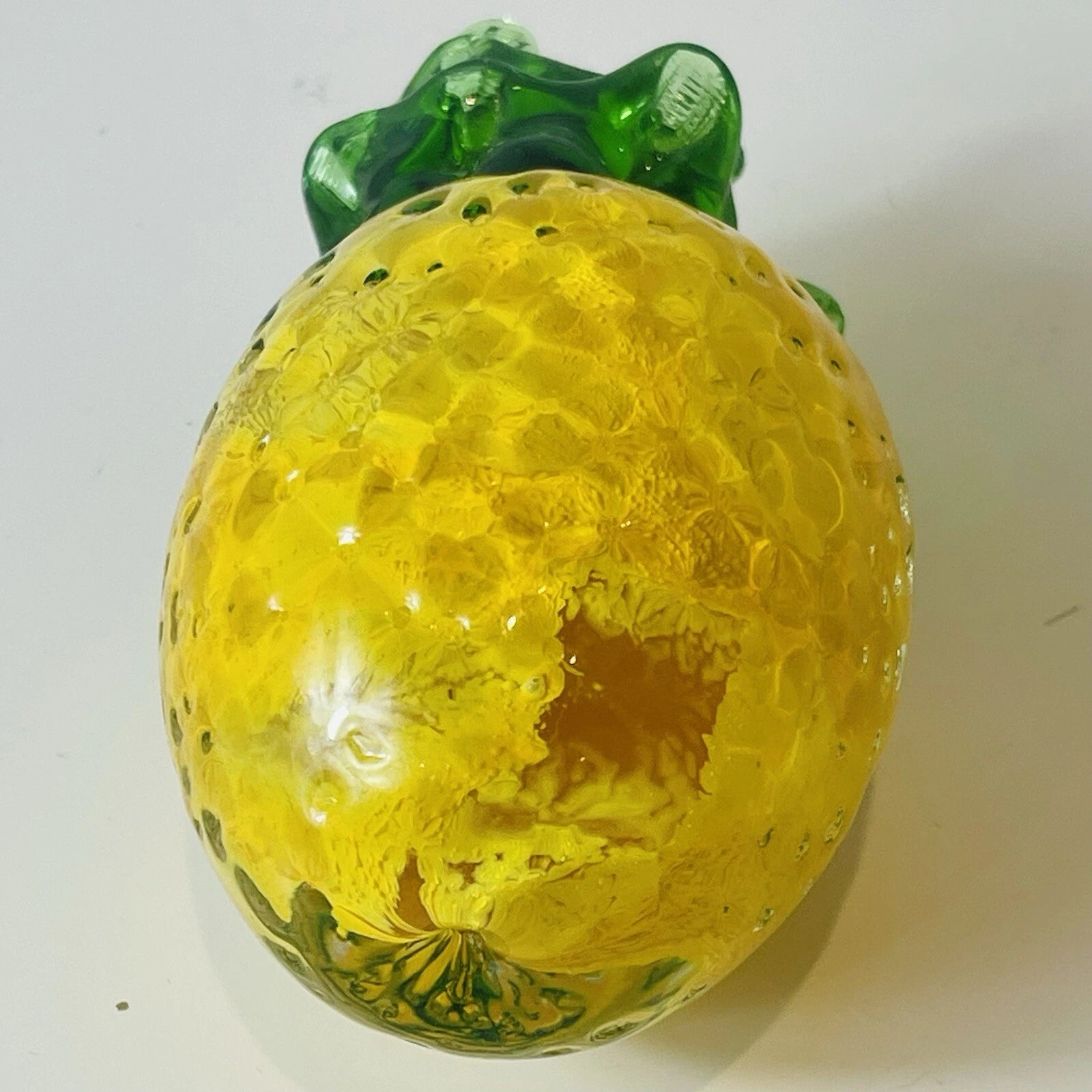 Hand Blown Glass Pineapple Tropical Fruit Art Figurine Green & Yellow Decor "AS IS"