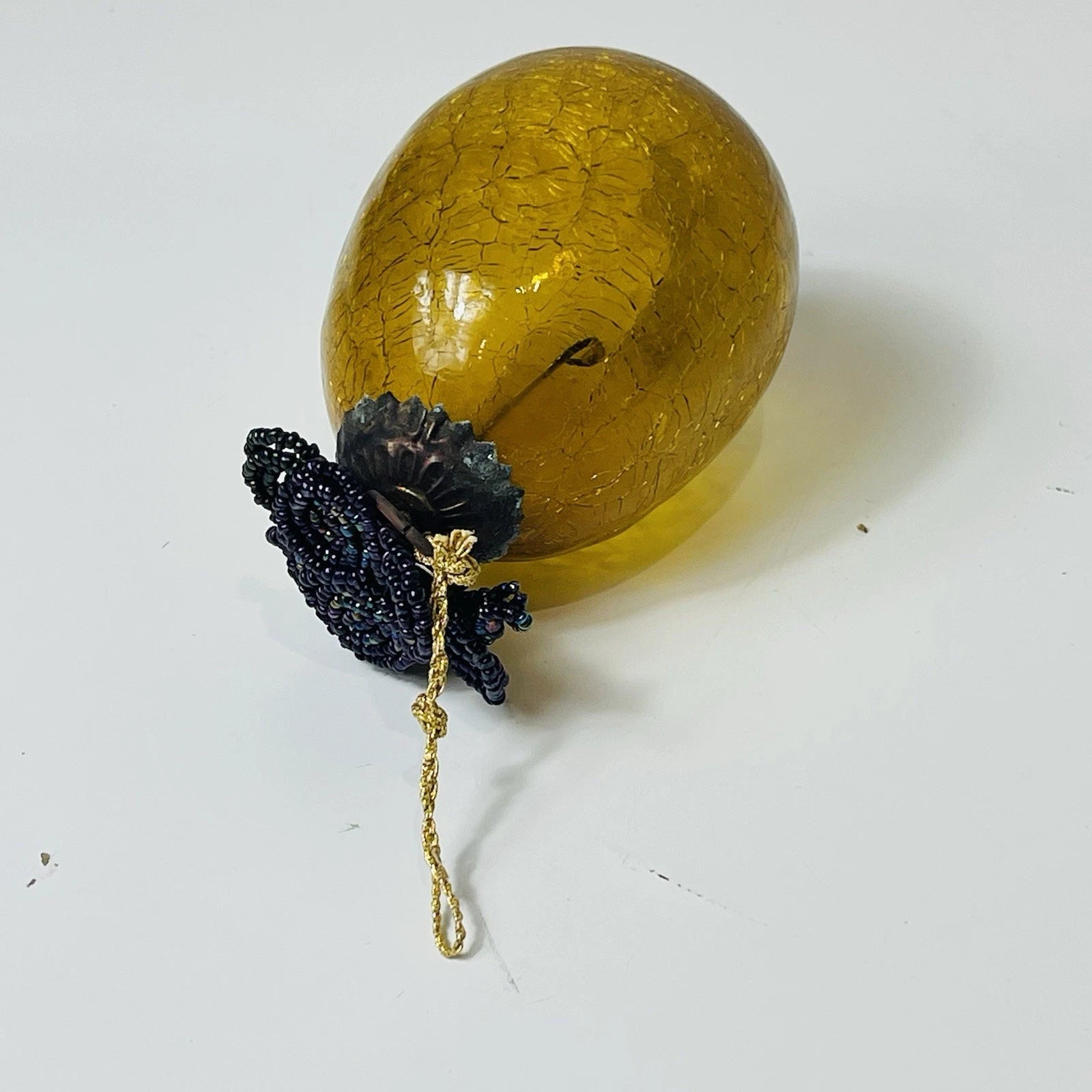 Vintage Old Gold Amber Cracked Crackle Glass Kugel Egg Style Ornament Accent