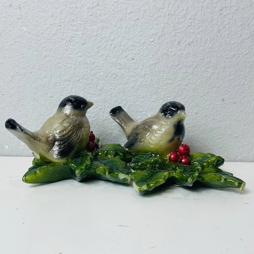Set Of 2 Bird Candles Hand Painted with Christmas Holly Leaves and Berries