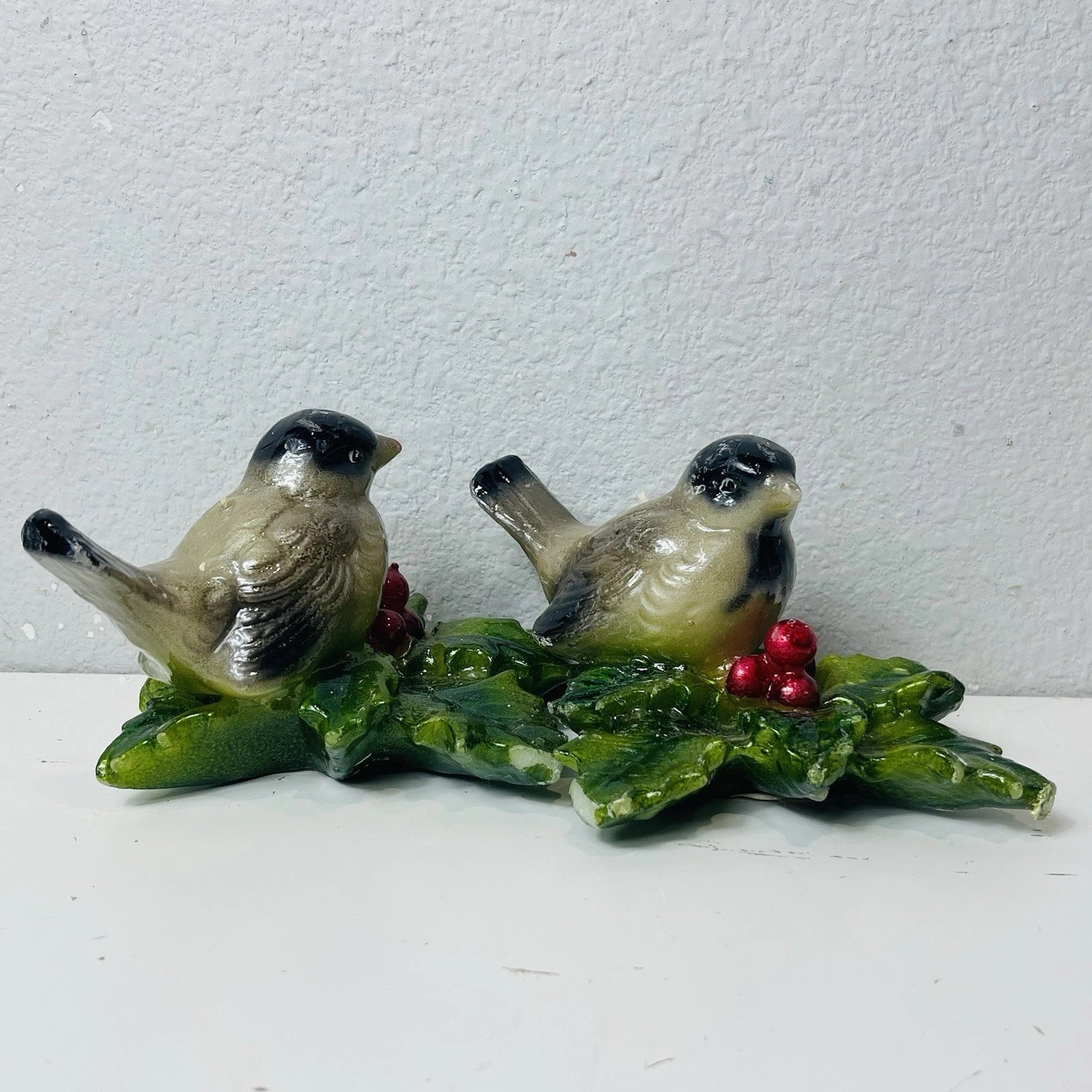Set Of 2 Bird Candles Hand Painted with Christmas Holly Leaves and Berries