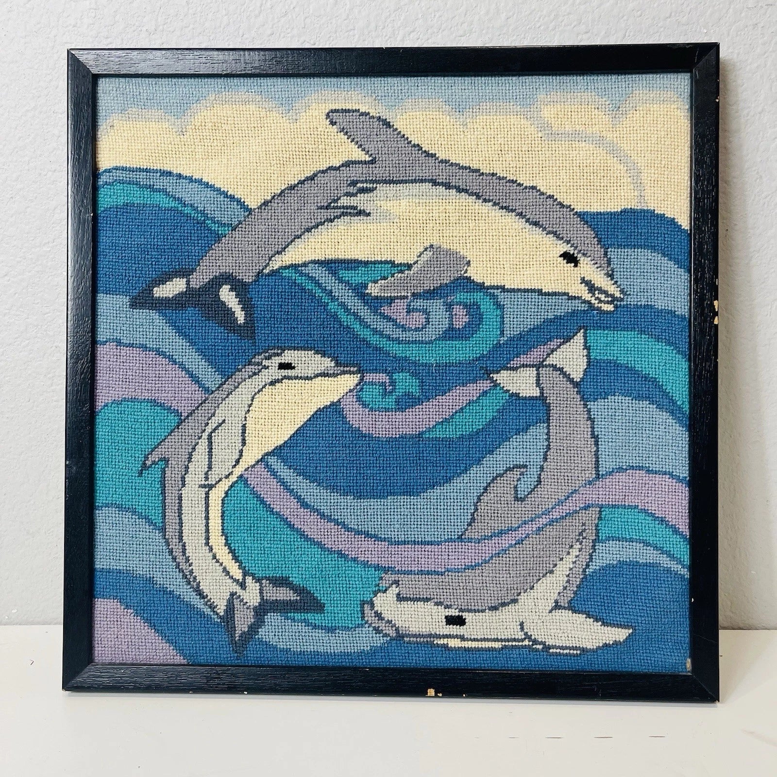 Vintage Dolphin Blue Needlepoint Wall Art Picture Frame Home Office Accent Decor