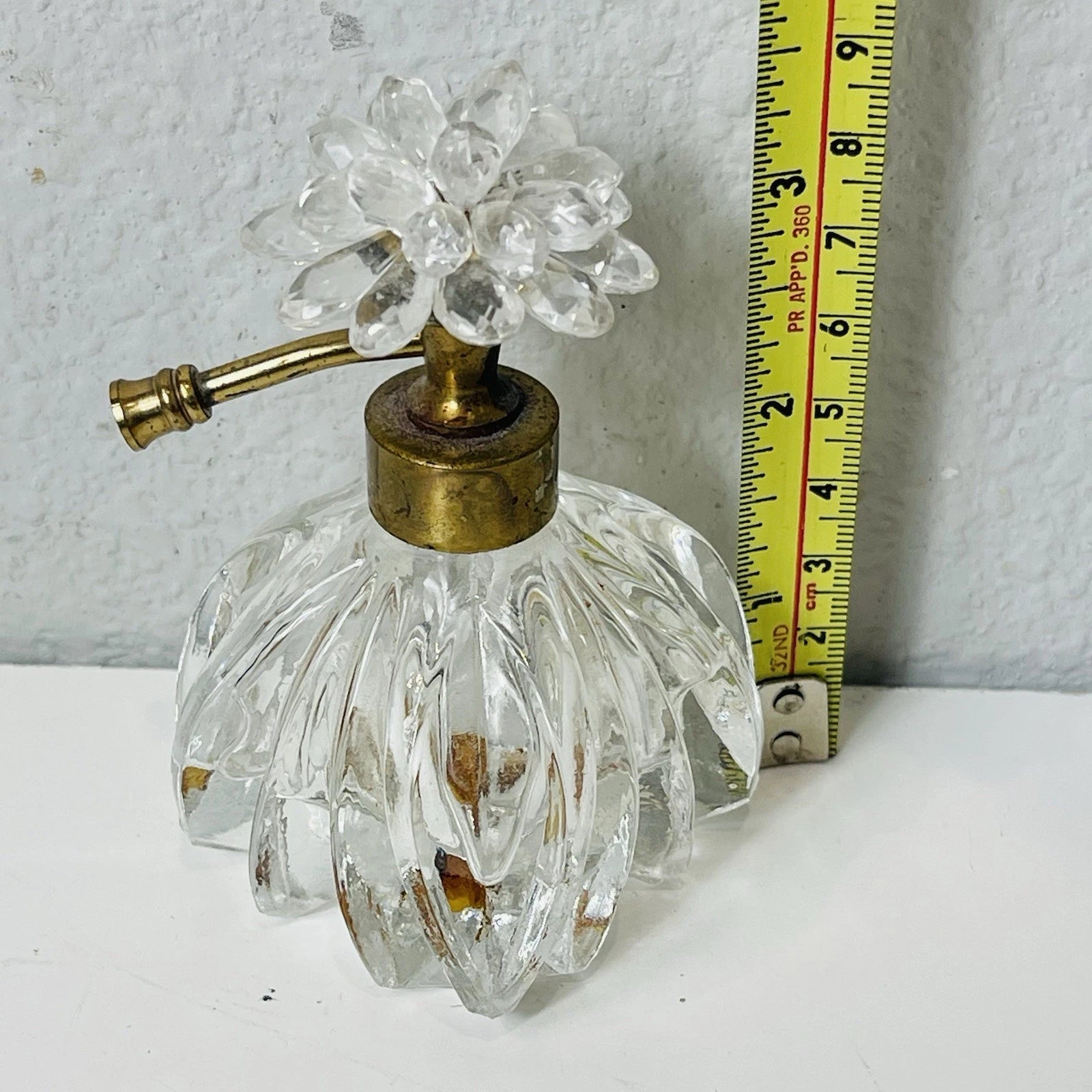 Clear Glass Perfume Bottle with Metal Flower & Rhinestone Pump Accent – Decorative