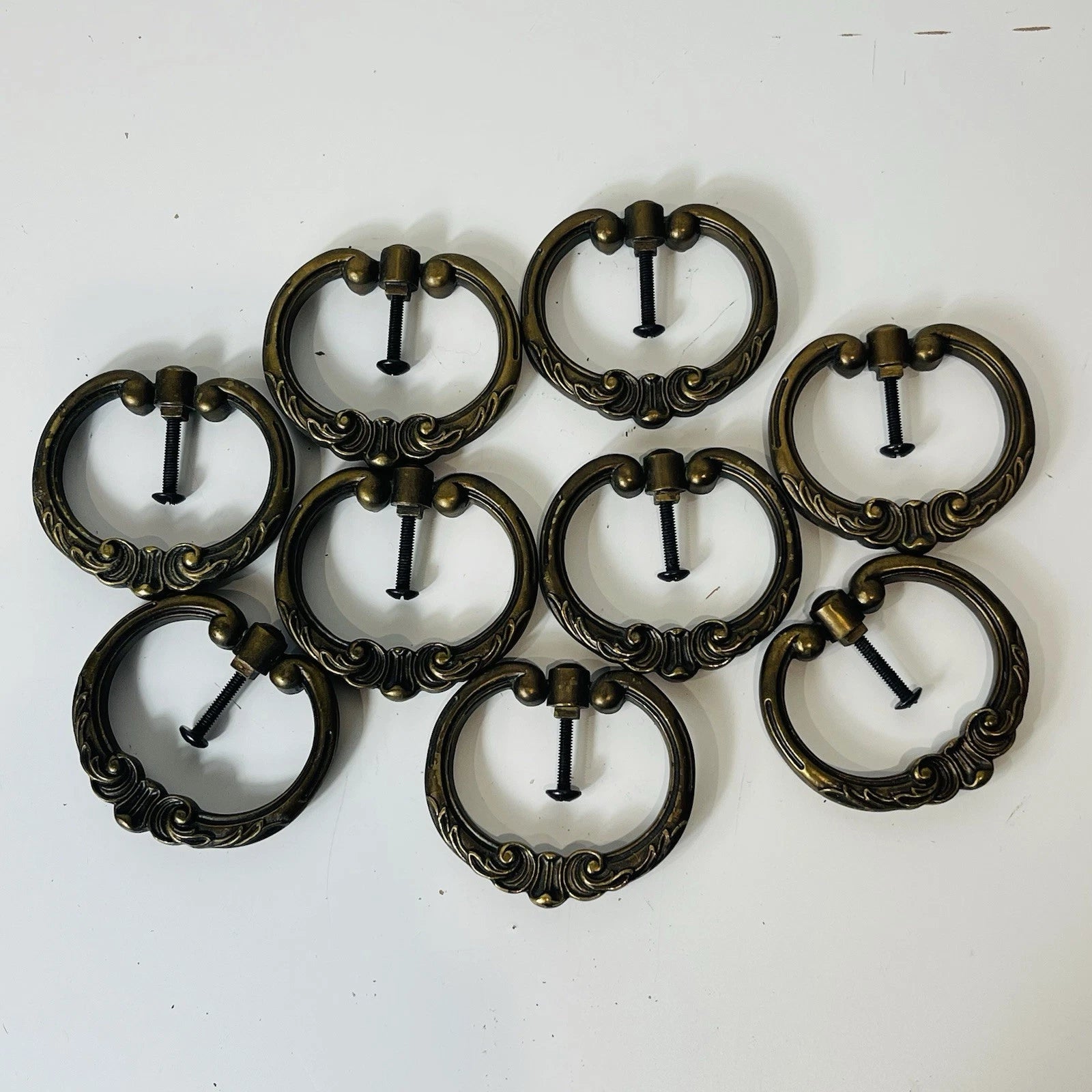 Vintage Brass Lot Of 9 Ring Pull Furniture Hardware Home Accent Arts Crafts