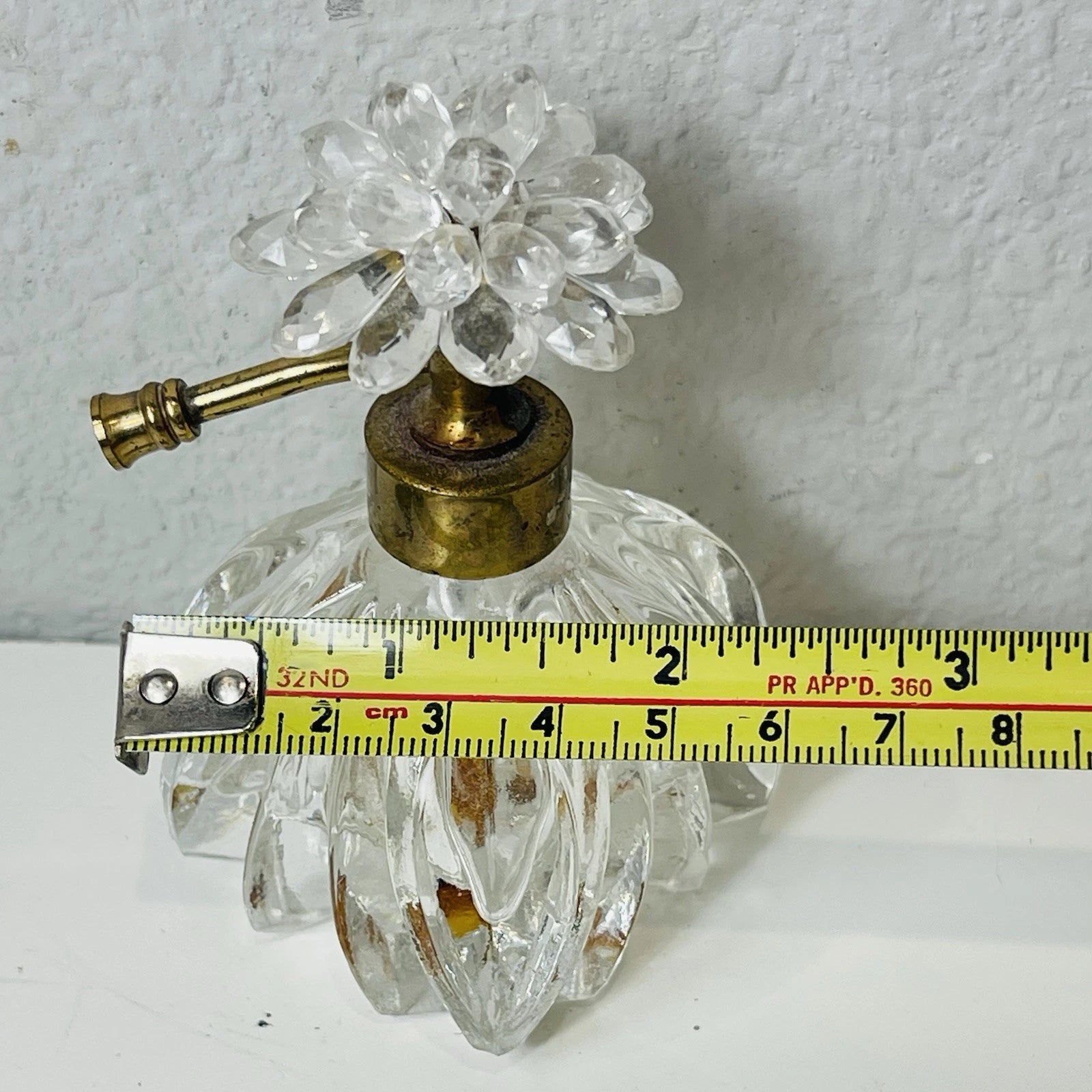 Clear Glass Perfume Bottle with Metal Flower & Rhinestone Pump Accent – Decorative