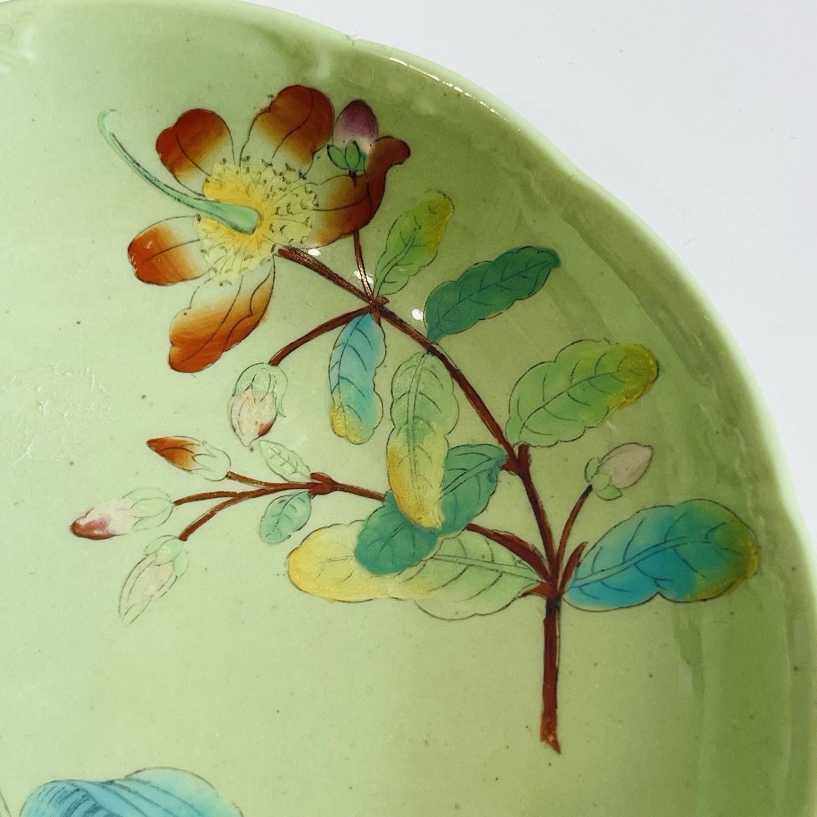 Hand-Painted Vintage Porcelain Plate with Green Floral Design, Decorative Trinket Dish.