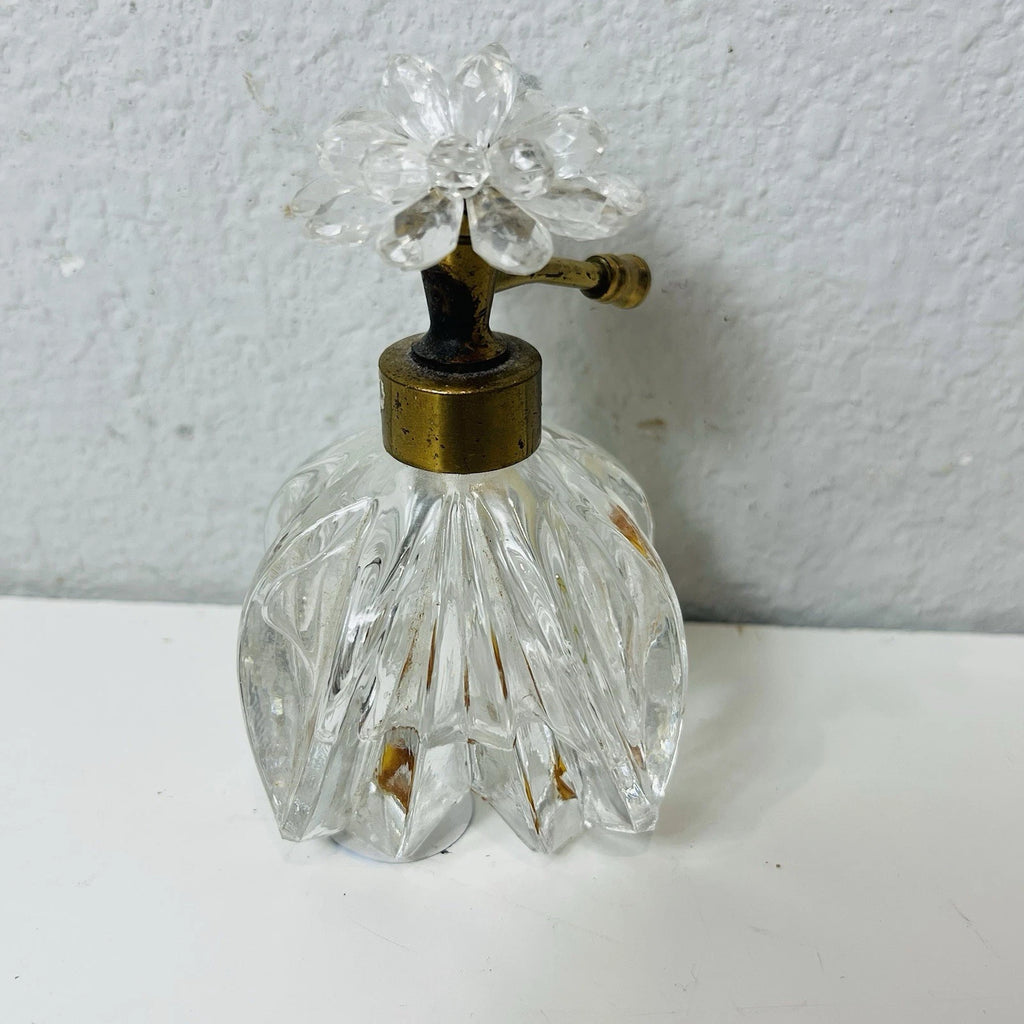 Clear Glass Perfume Bottle with Metal Flower & Rhinestone Pump Accent – Decorative