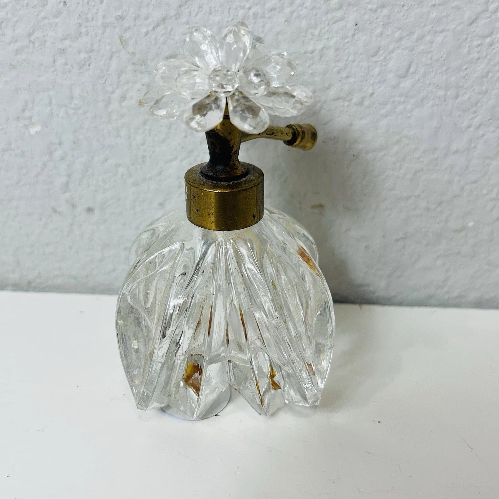 Clear Glass Perfume Bottle with Metal Flower & Rhinestone Pump Accent – Decorative