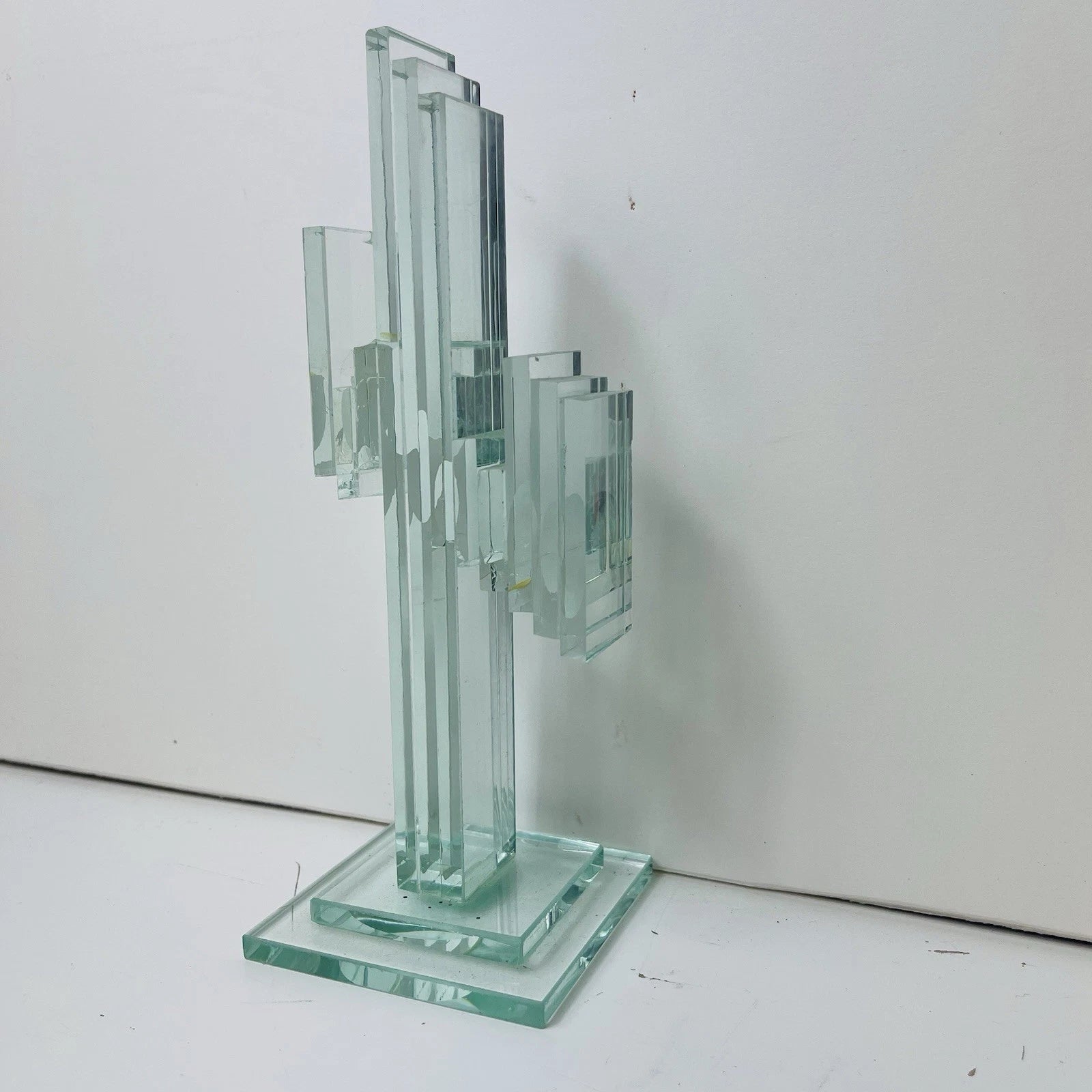 Stacked Art Glass Clear Cactus Figurine Sculpture Southwest Folk Art Statue Deco