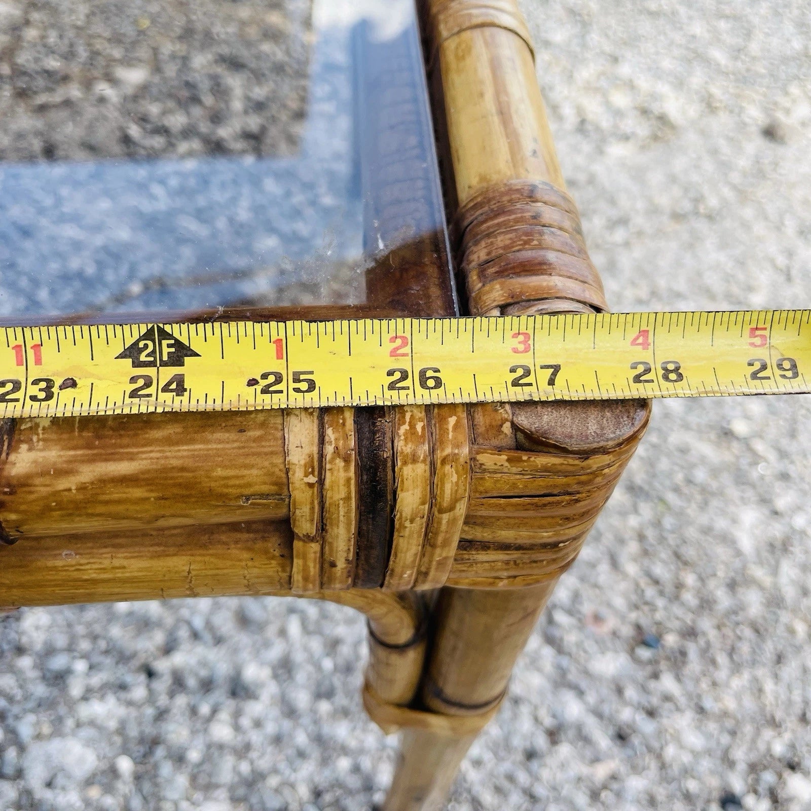 Mid Century Vintage Bamboo Rattan Smoked Glass Side End Table Boho Accent Decor
