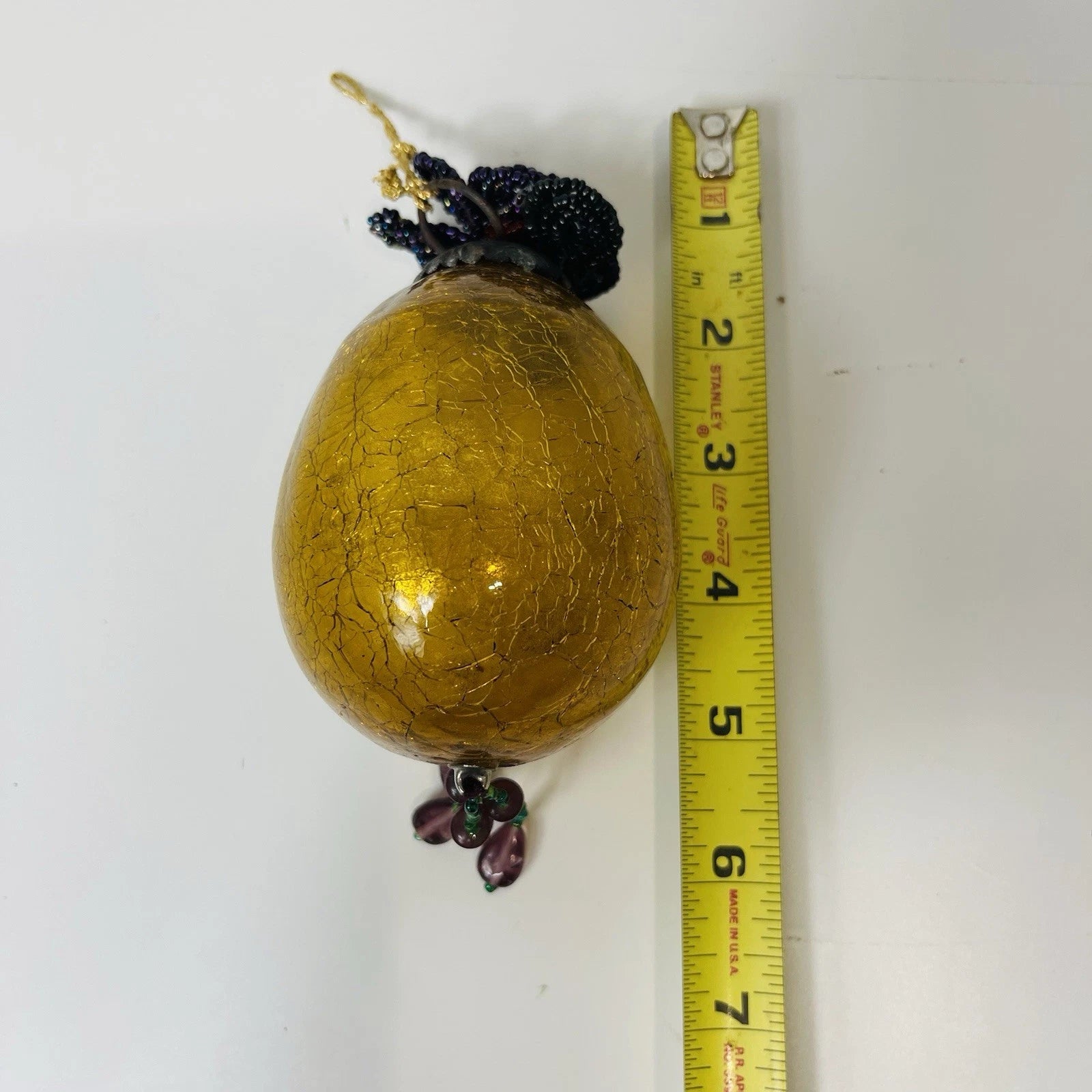 Vintage Old Gold Amber Cracked Crackle Glass Kugel Egg Style Ornament Accent