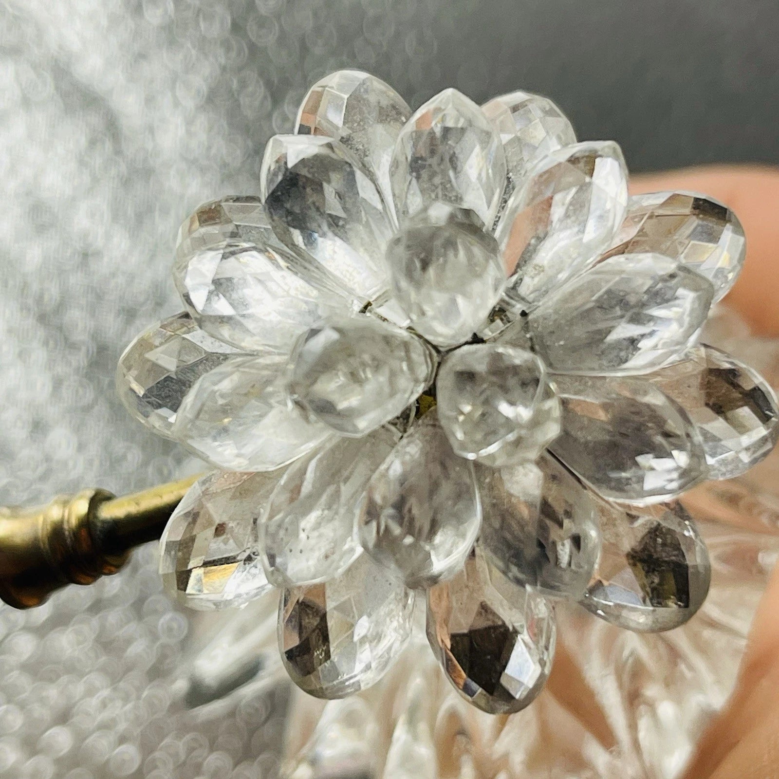 Clear Glass Perfume Bottle with Metal Flower & Rhinestone Pump Accent – Decorative