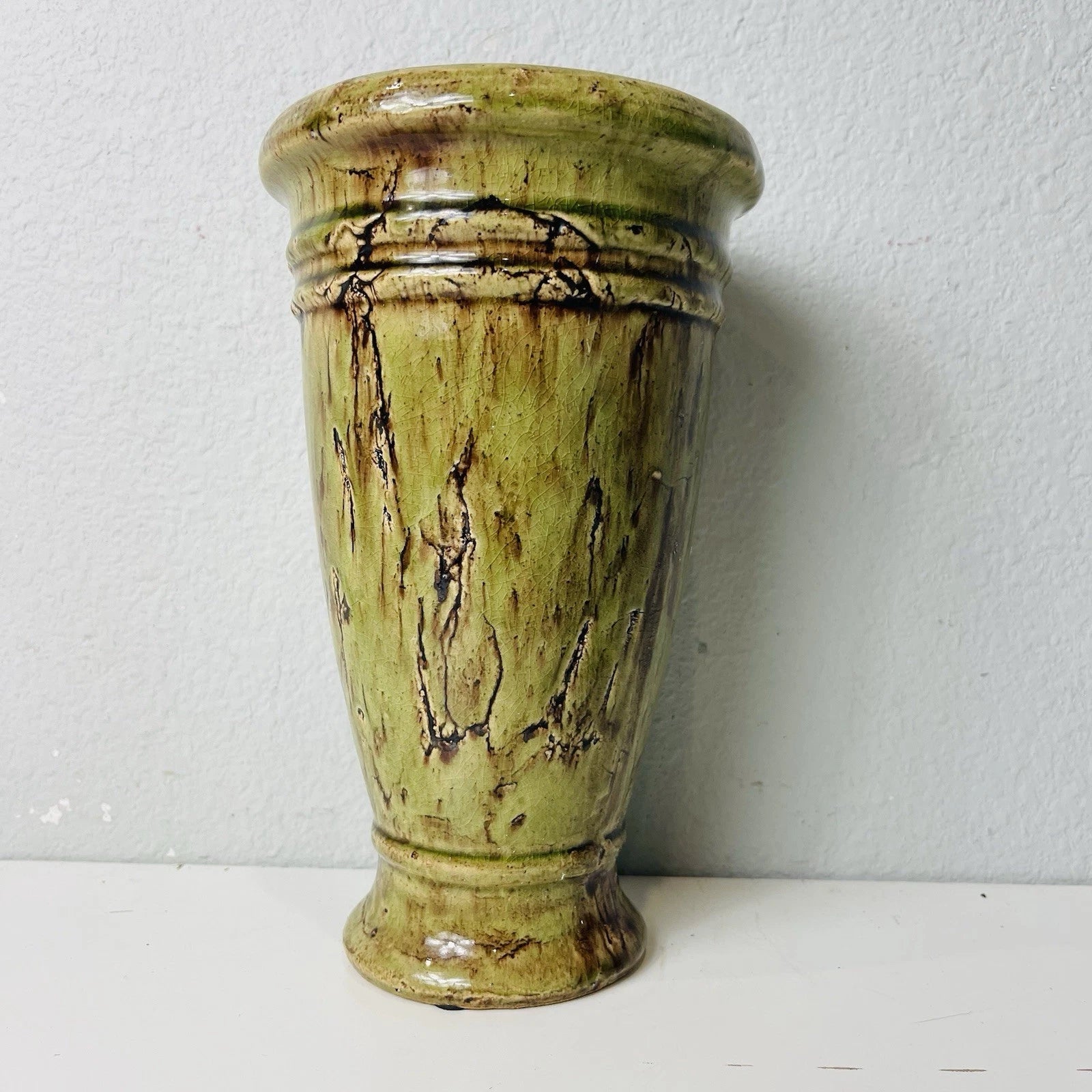 Hosley TM Art Pottery Vase Drip Crystalline Gloss Rustic Brown and Green Glaze