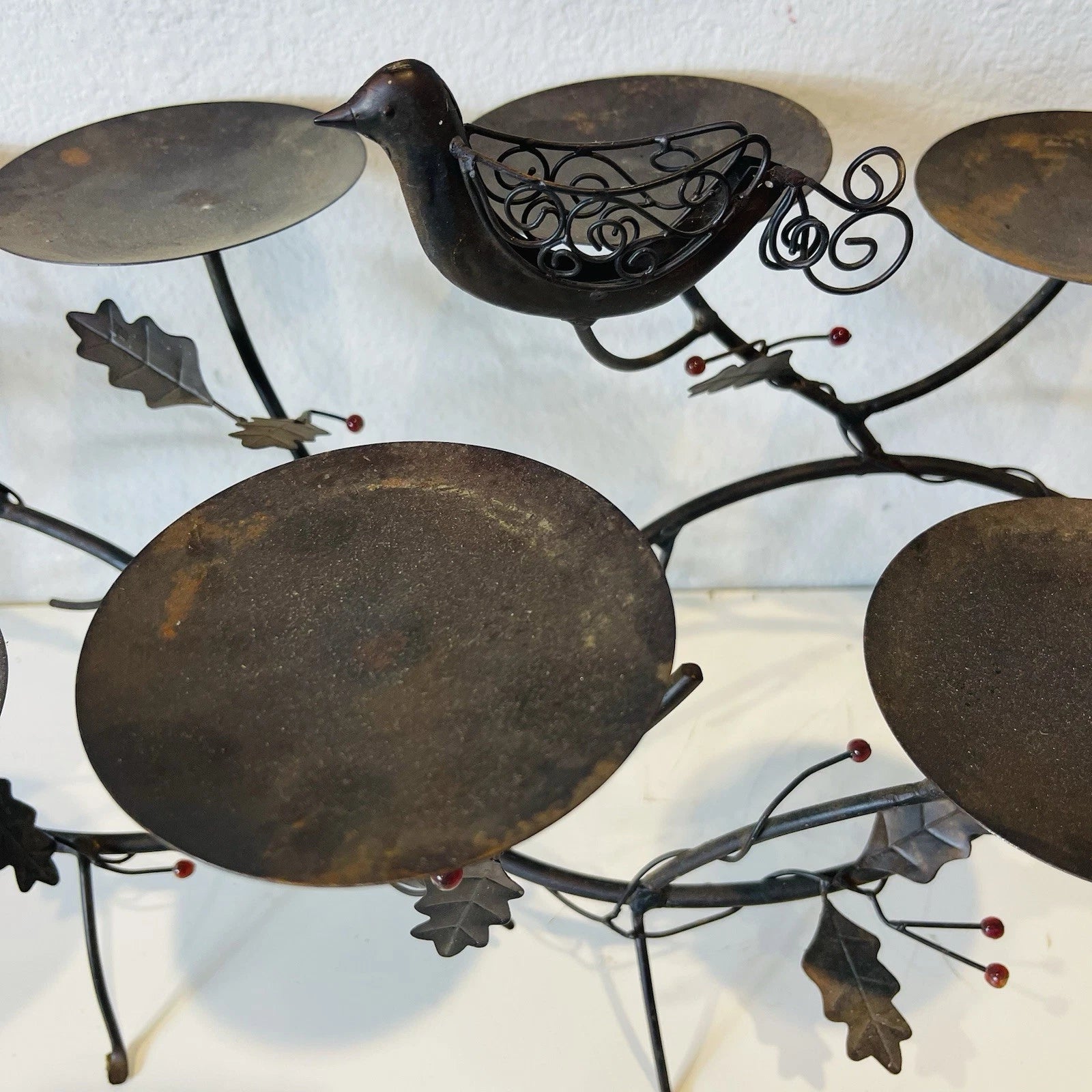 Rustic 9-Arm Metal Candle Holder, Rubbed Bronze Finish, Birds on Branches Design